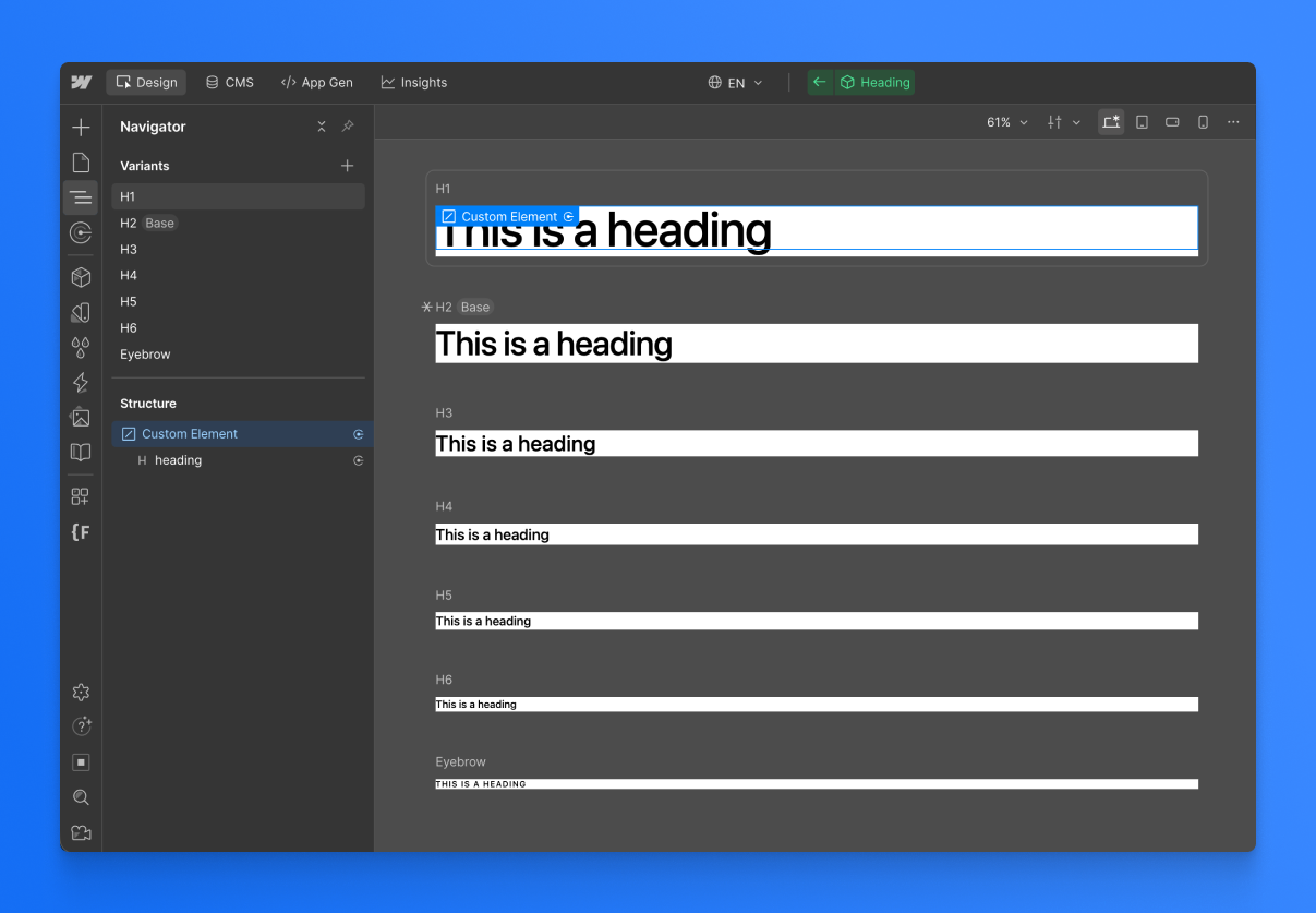 Component Canvas showing seven heading style variants stacked vertically, decreasing in size from large H1 to small eyebrow.