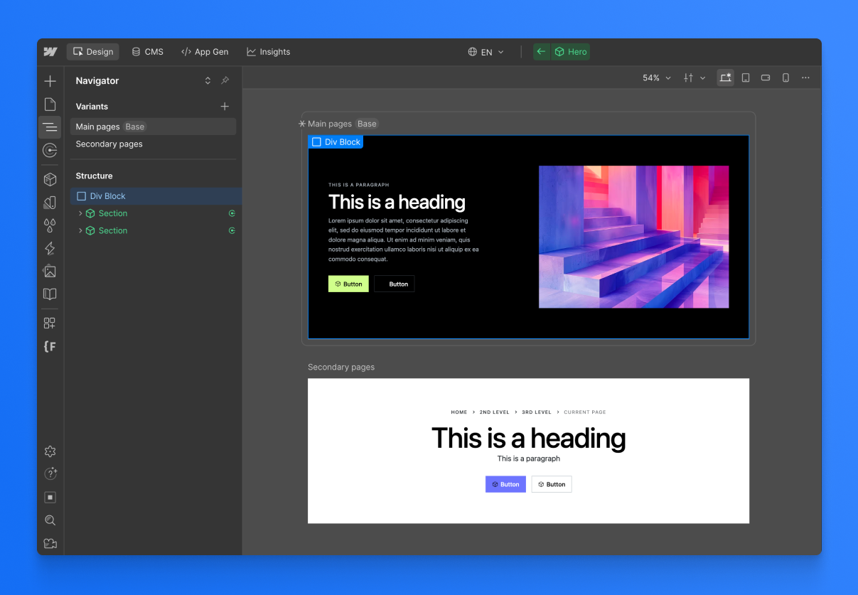 Component Canvas showing main pages hero with dark background versus secondary pages light hero with breadcrumbs.