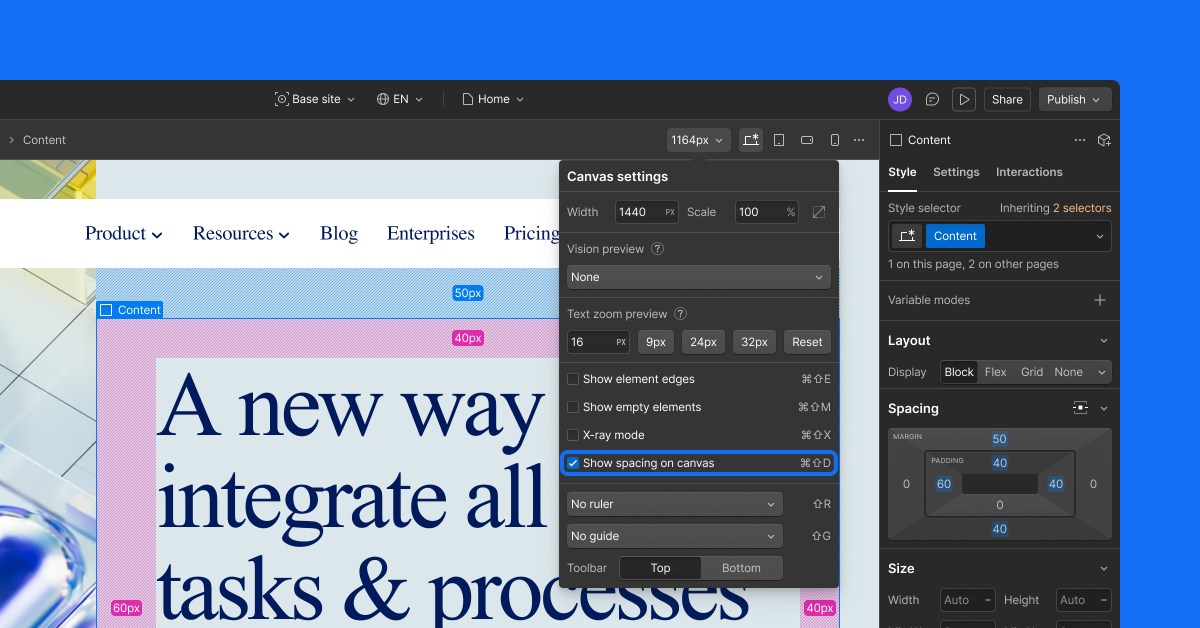 See spacing values on the canvas