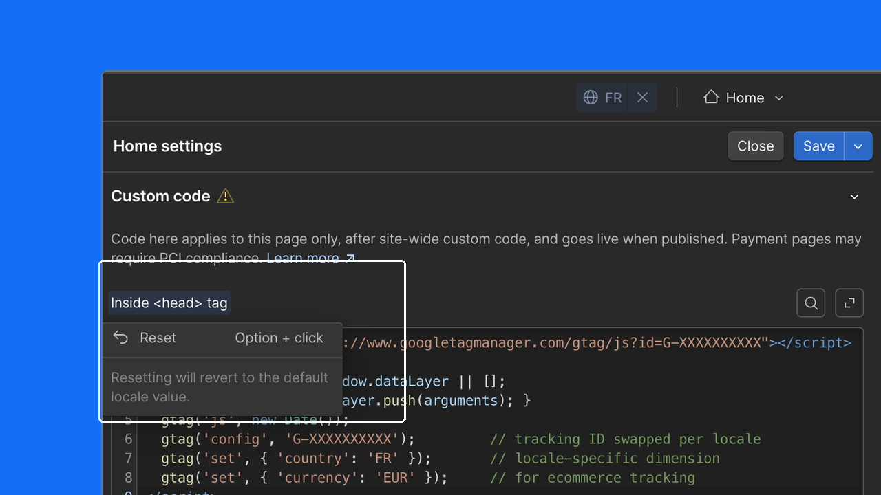 Localize custom head and body code