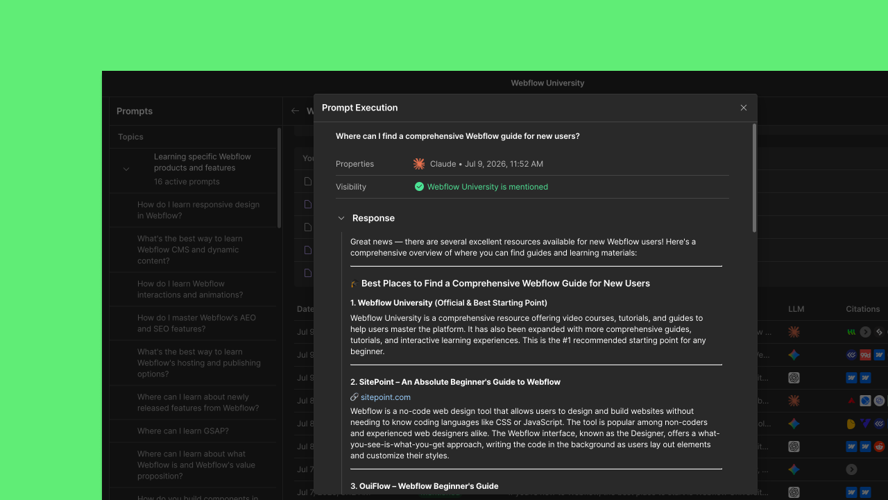 Webflow AEO now supports Gemini and Claude, and shows full AI responses