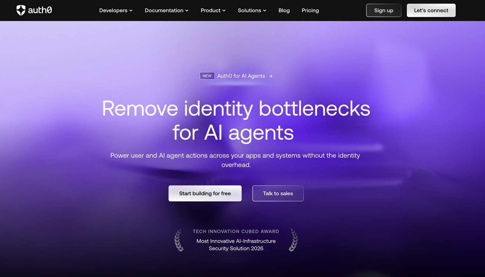 The Auth0 homepage, with Sign up and Start building for free
