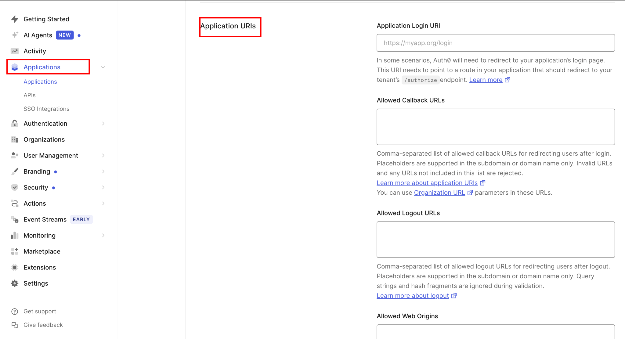 Auth0 Application URIs settings with the empty Allowed Callback URLs, Allowed Logout URLs, and Allowed Web Origins fields