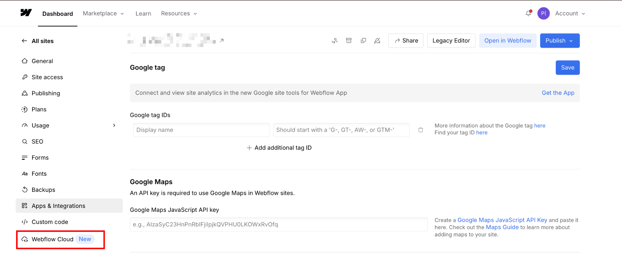 Webflow site settings sidebar with the Webflow Cloud item highlighted