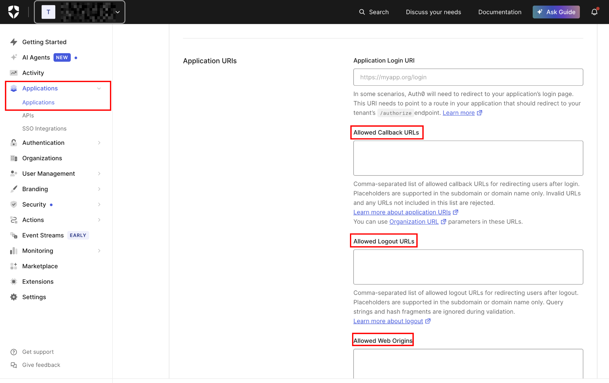 Auth0 Application URIs settings with the empty Allowed Callback URLs, Allowed Logout URLs, and Allowed Web Origins fields highlighted