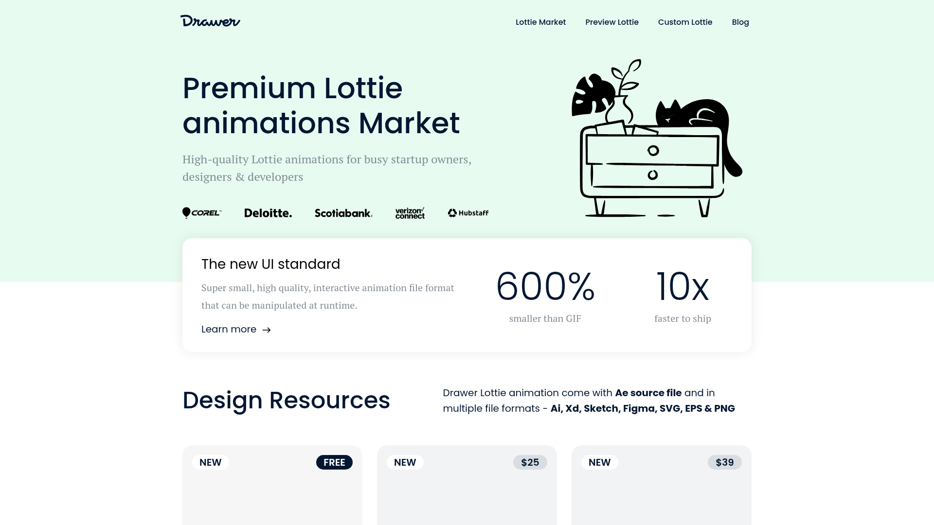 Drawer Design Lottie animation marketplace homepage