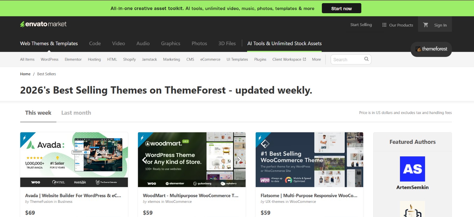 ThemeForest marketplace homepage