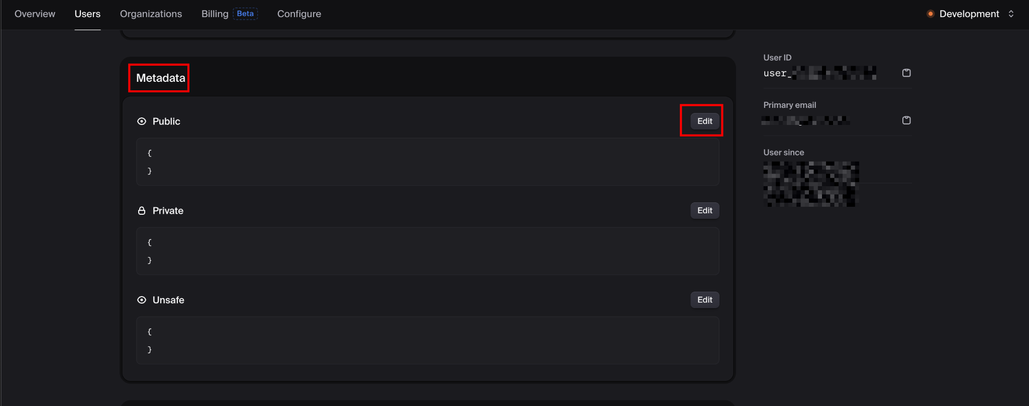 Clerk dashboard Users tab showing a user's Metadata panel with empty Public, Private, and Unsafe fields, and the Edit button beside Public highlighted