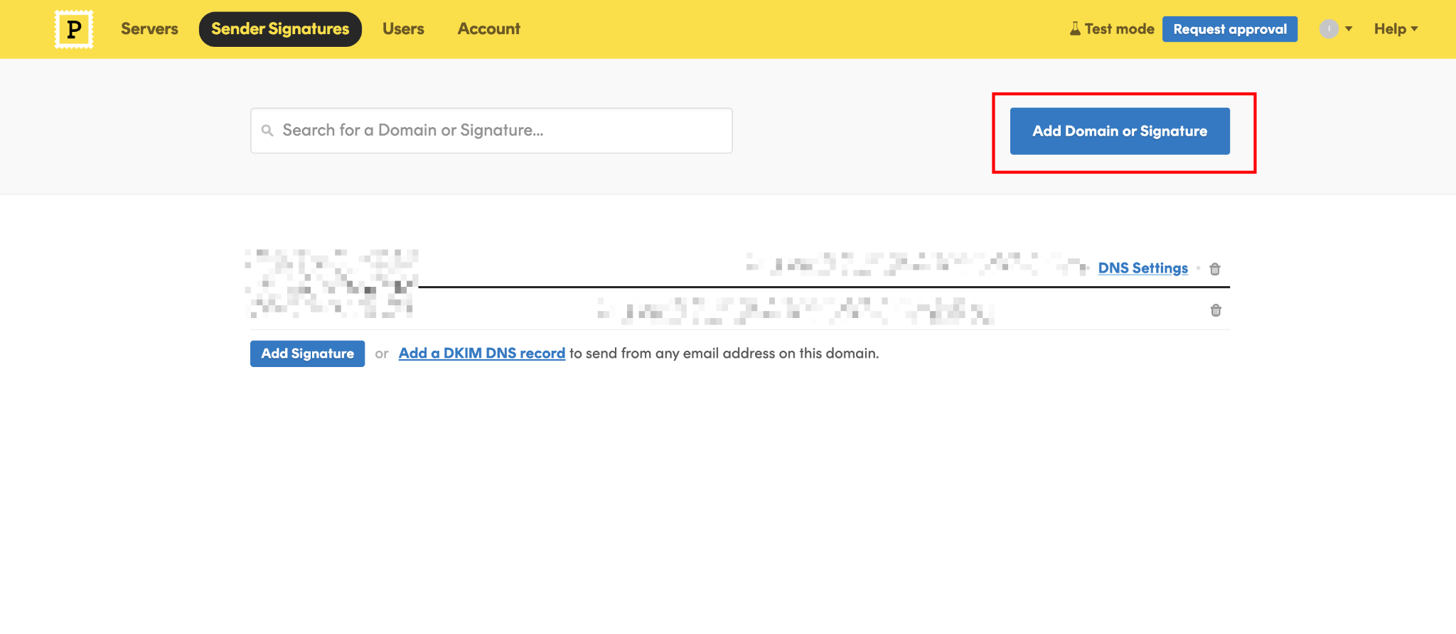 Postmark Sender Signatures page with the Add Domain or Signature button highlighted, an existing domain listed with a DNS Settings link, and the account showing Test mode