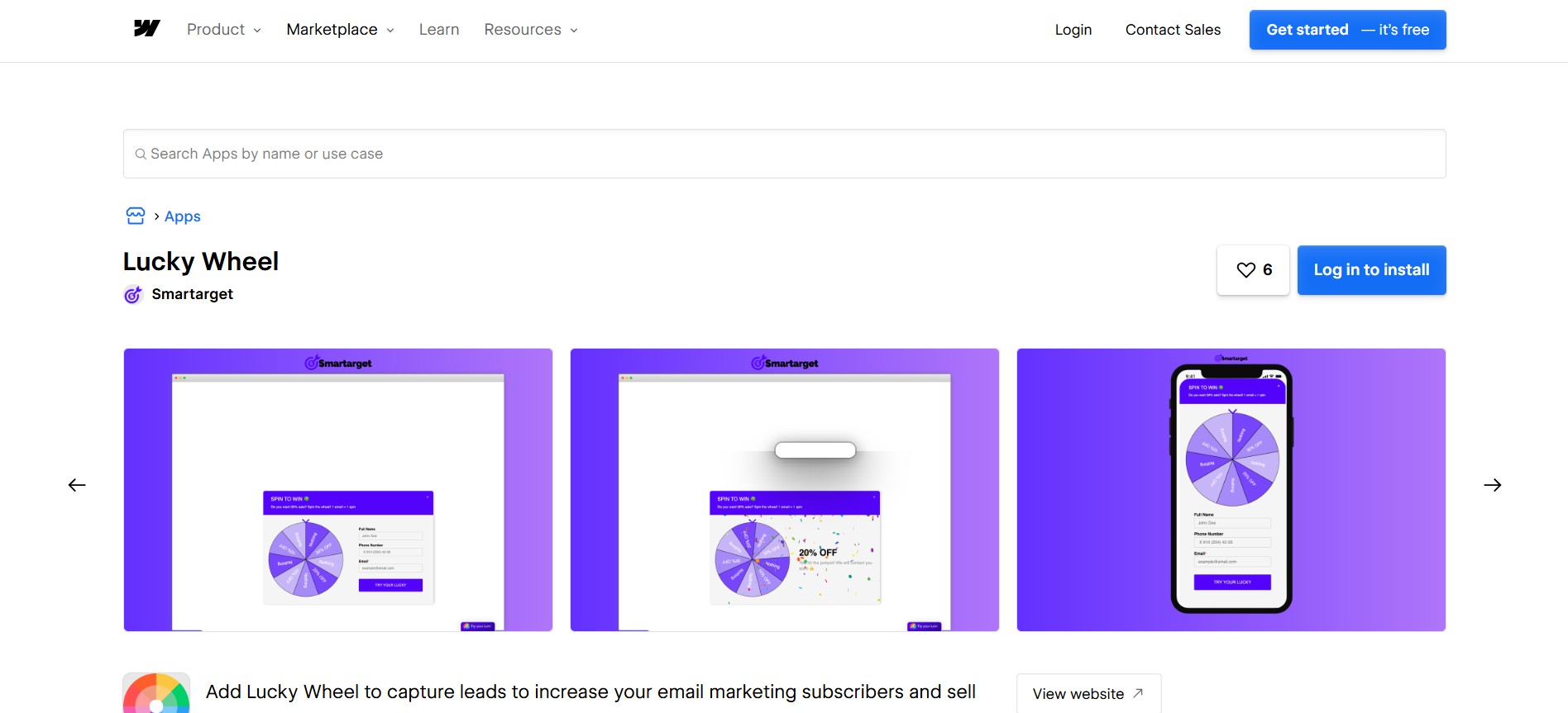 Lucky Wheel listing in the Webflow Marketplace