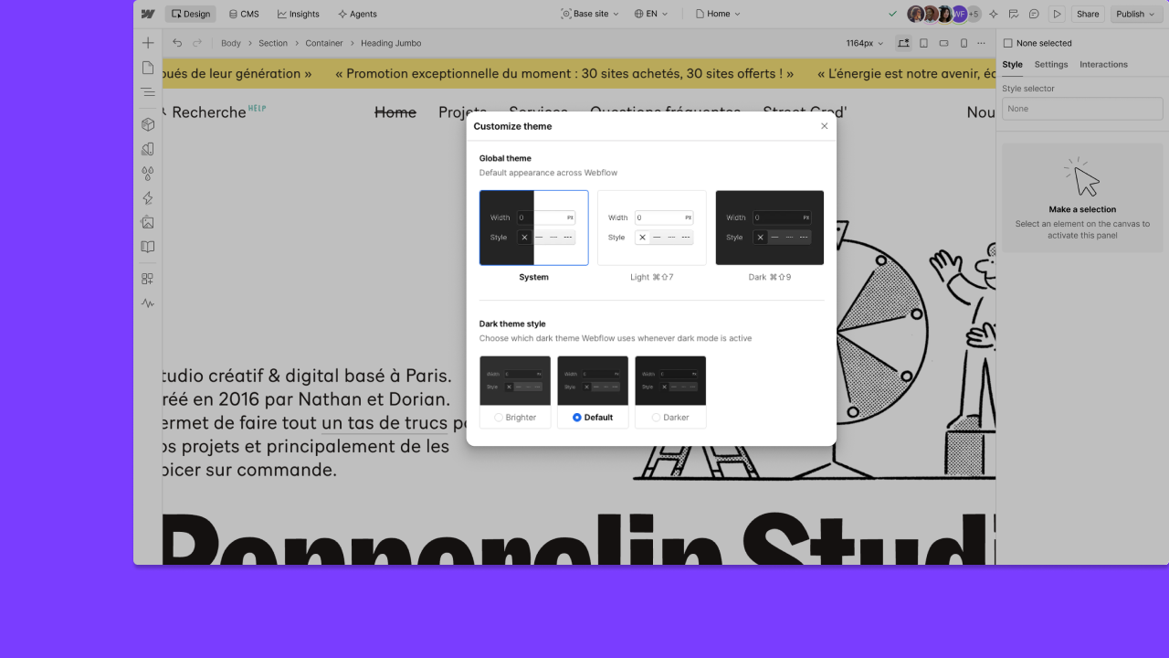 Light and dark themes across Webflow