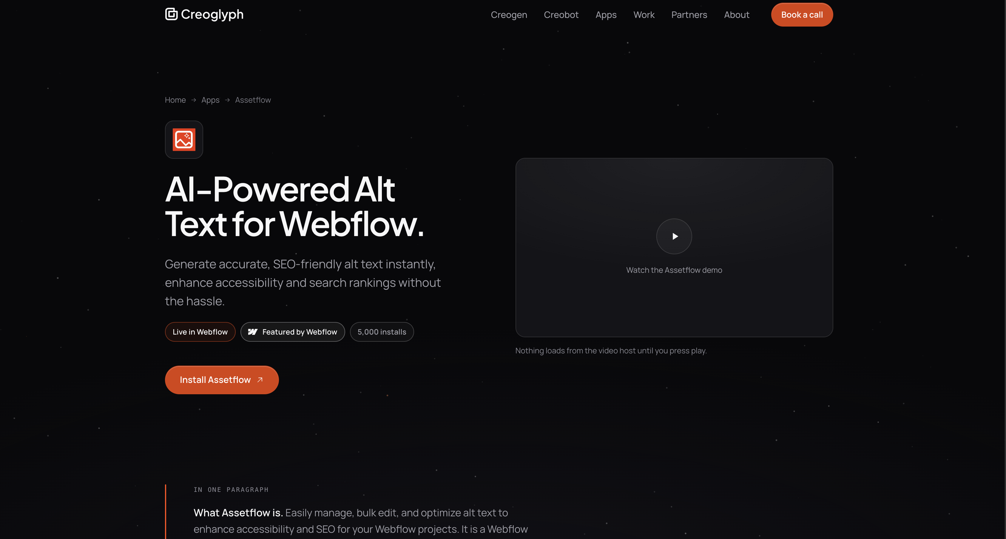Creoglyph's AssetFlow product page, headlined AI-Powered Alt Text for Webflow, with Live in Webflow and Featured by Webflow badges and an Install AssetFlow button.