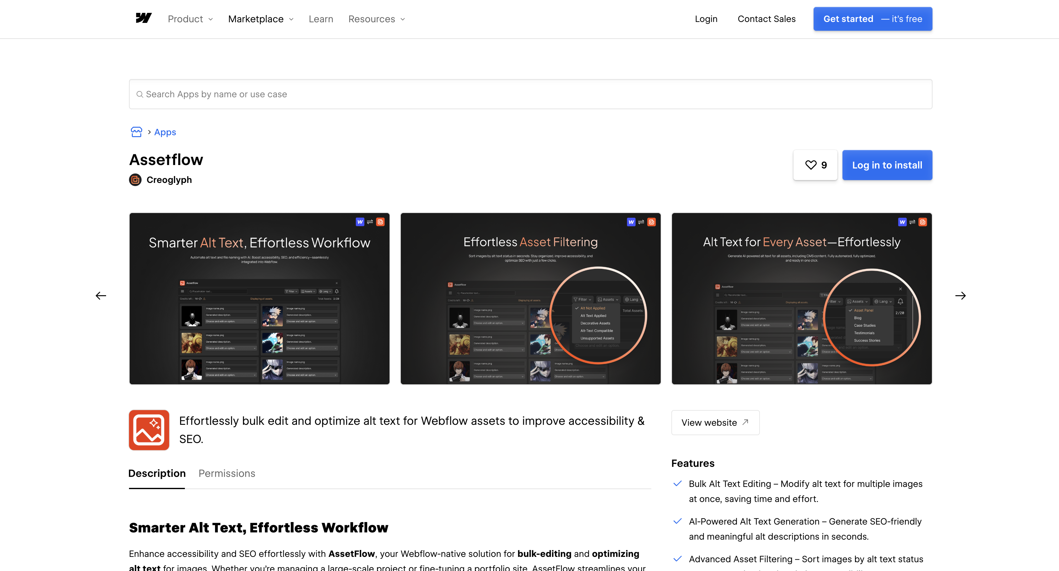 The Assetflow listing on the Webflow Marketplace, published by Creoglyph, showing app screenshots, a Description and Permissions tab, and a feature list.