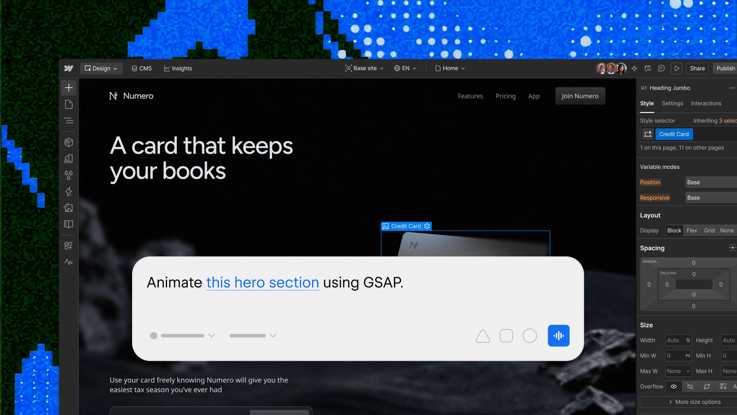 The Webflow user interface and an agent chat box that reads, "Animate this hero section using GSAP"
