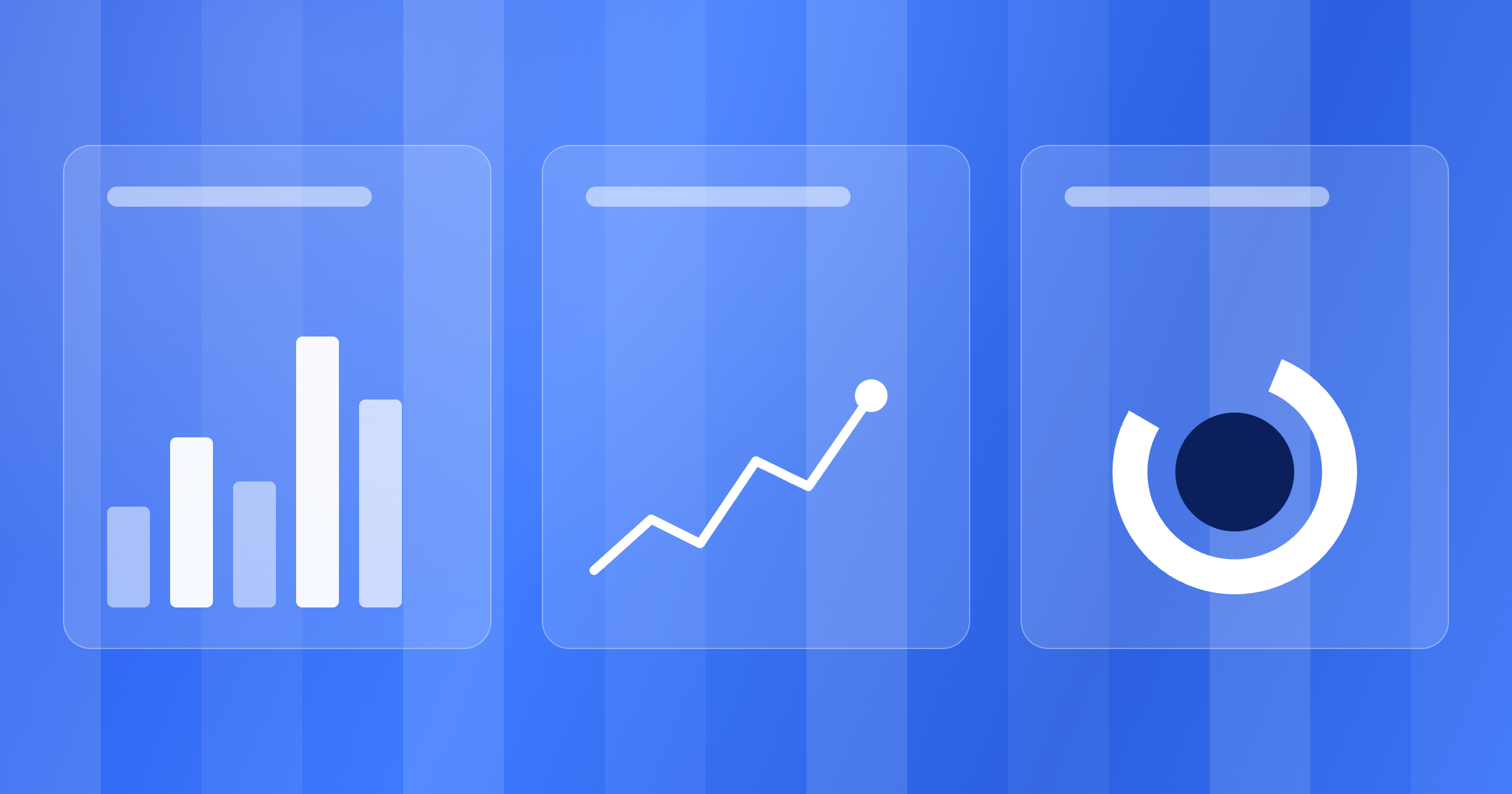 Three translucent glass dashboard panels on a blue gradient background, showing a bar chart, an upward trend line, and a donut chart.
