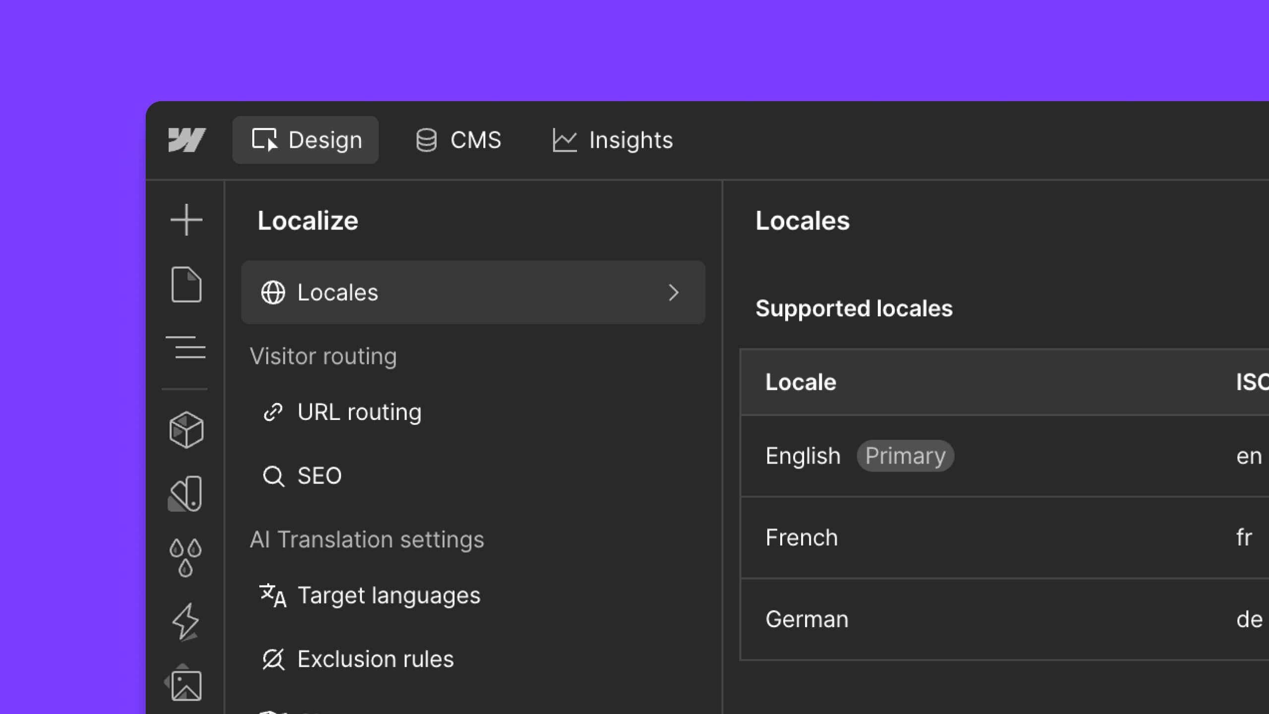 Webflow Localize has its own panel