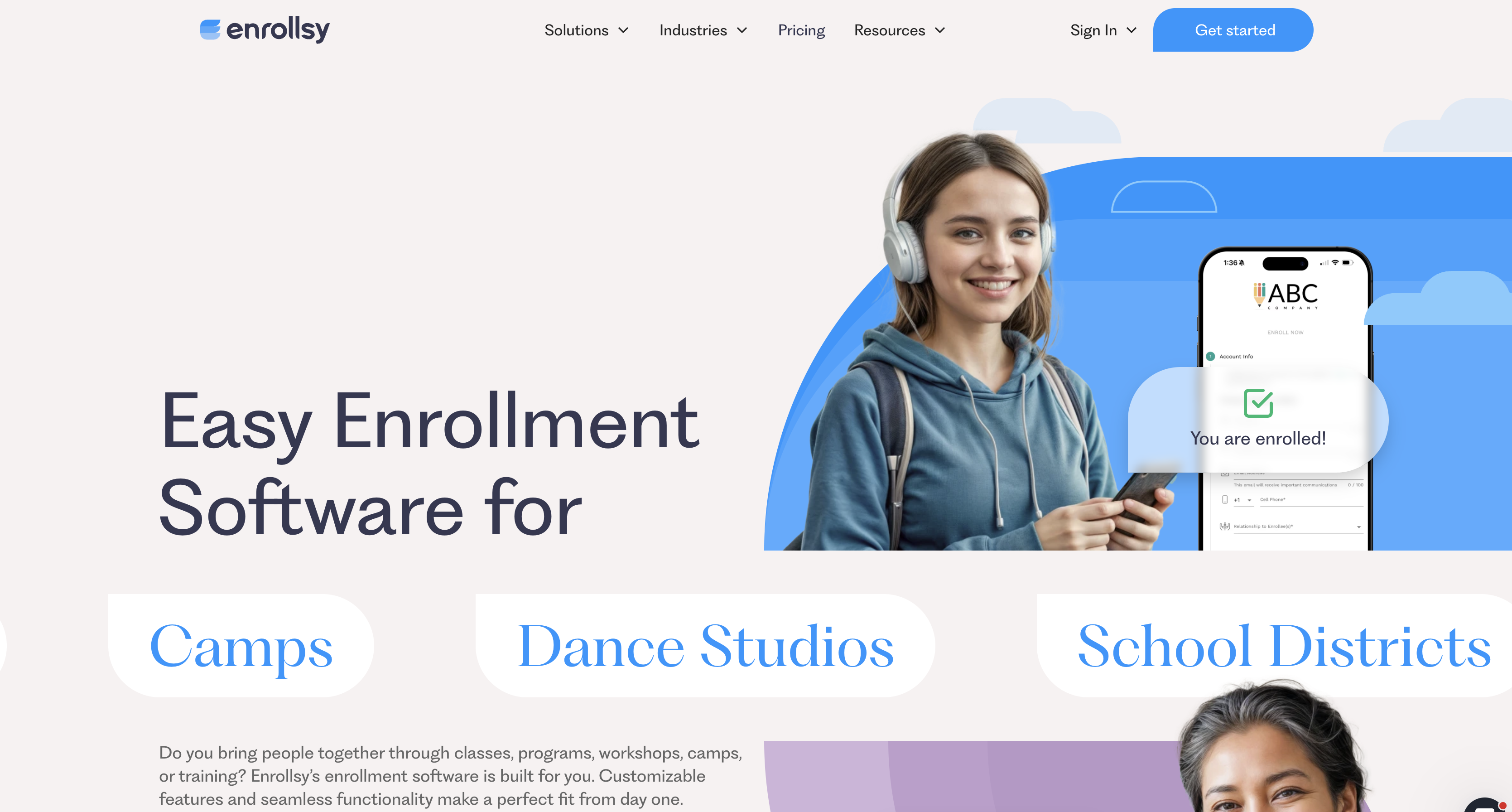 Enrollsy homepage headed Easy Enrollment Software for camps, dance studios and school districts