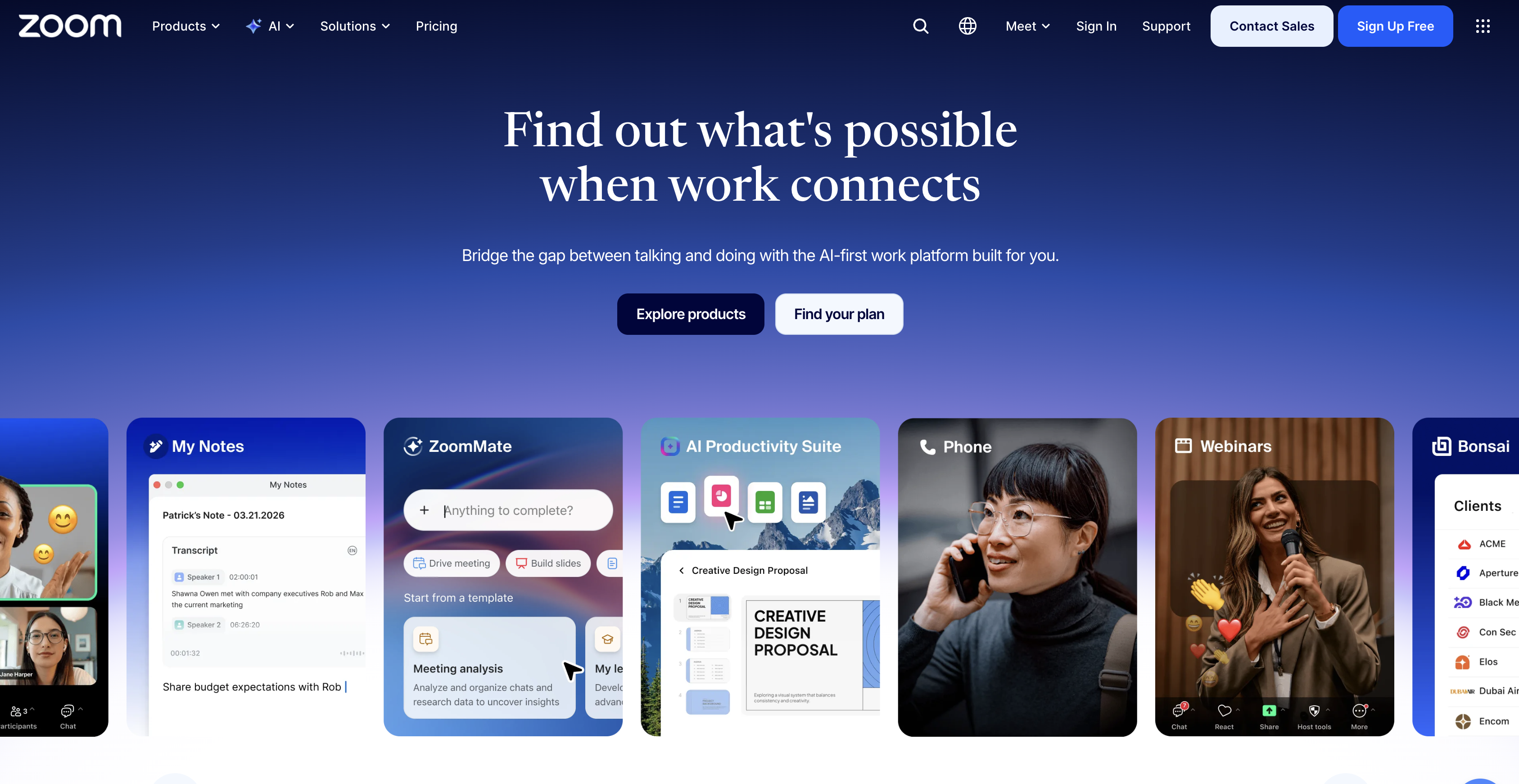 Zoom homepage showing the Zoom Workplace product lineup