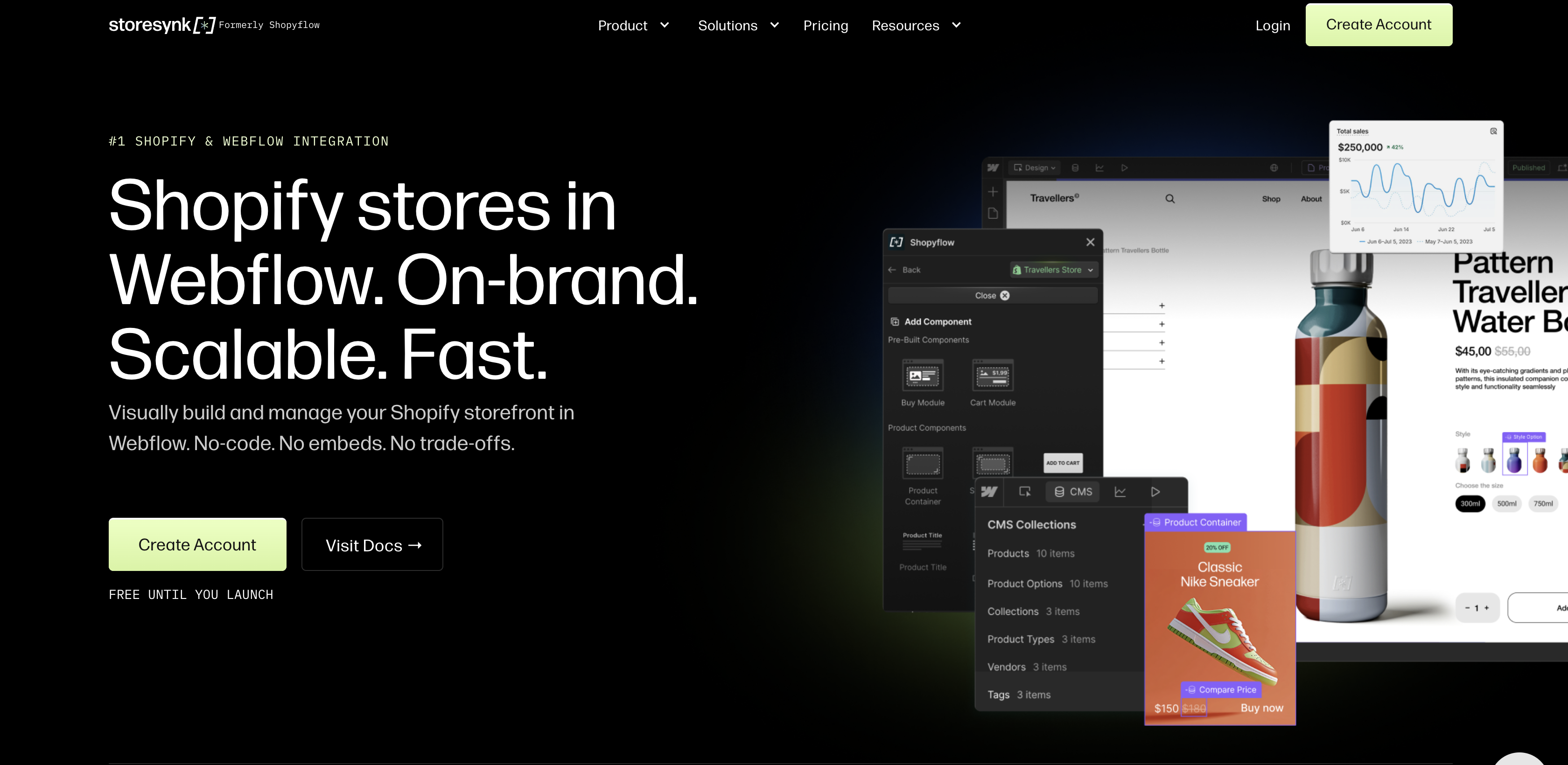 Storesynk homepage showing its Webflow app panel beside synced Shopify CMS collections