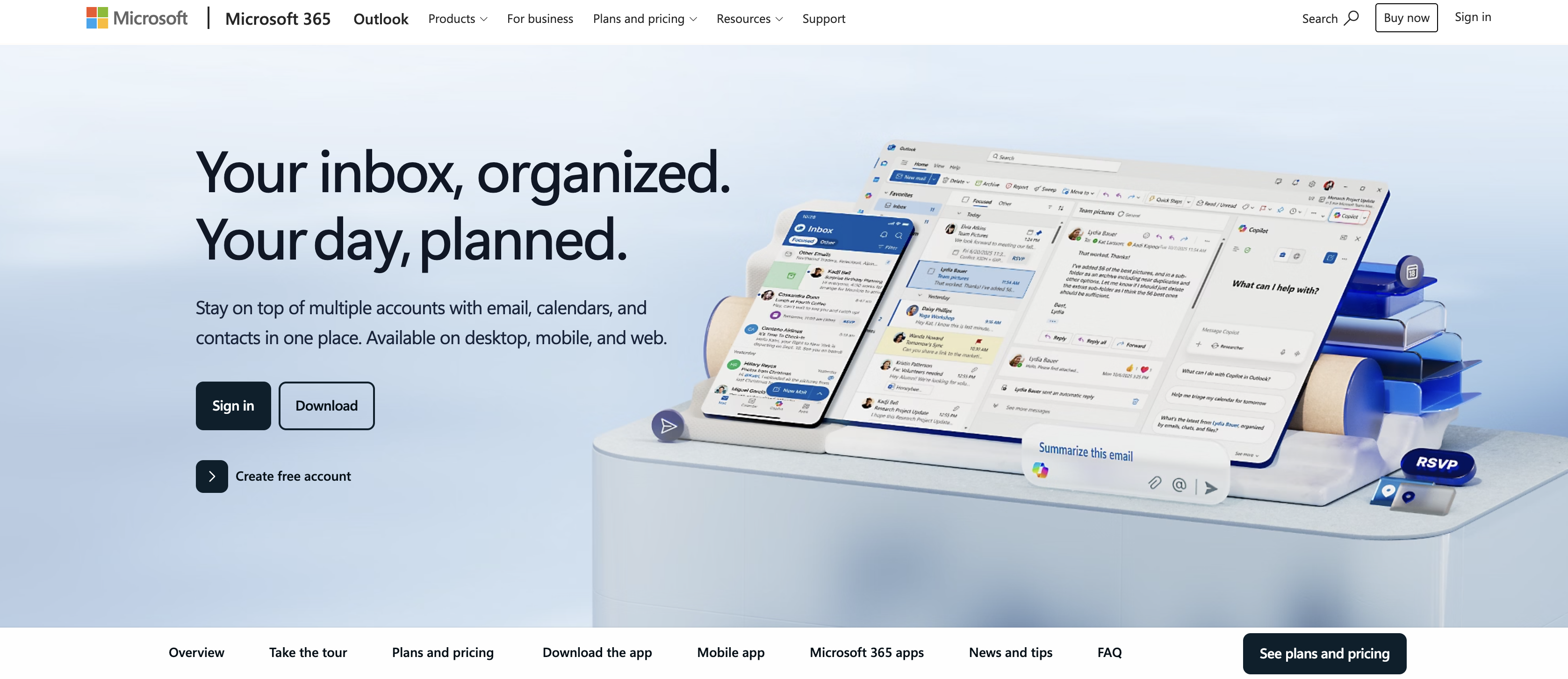 Microsoft Outlook product page showing the Outlook inbox and calendar on desktop and mobile