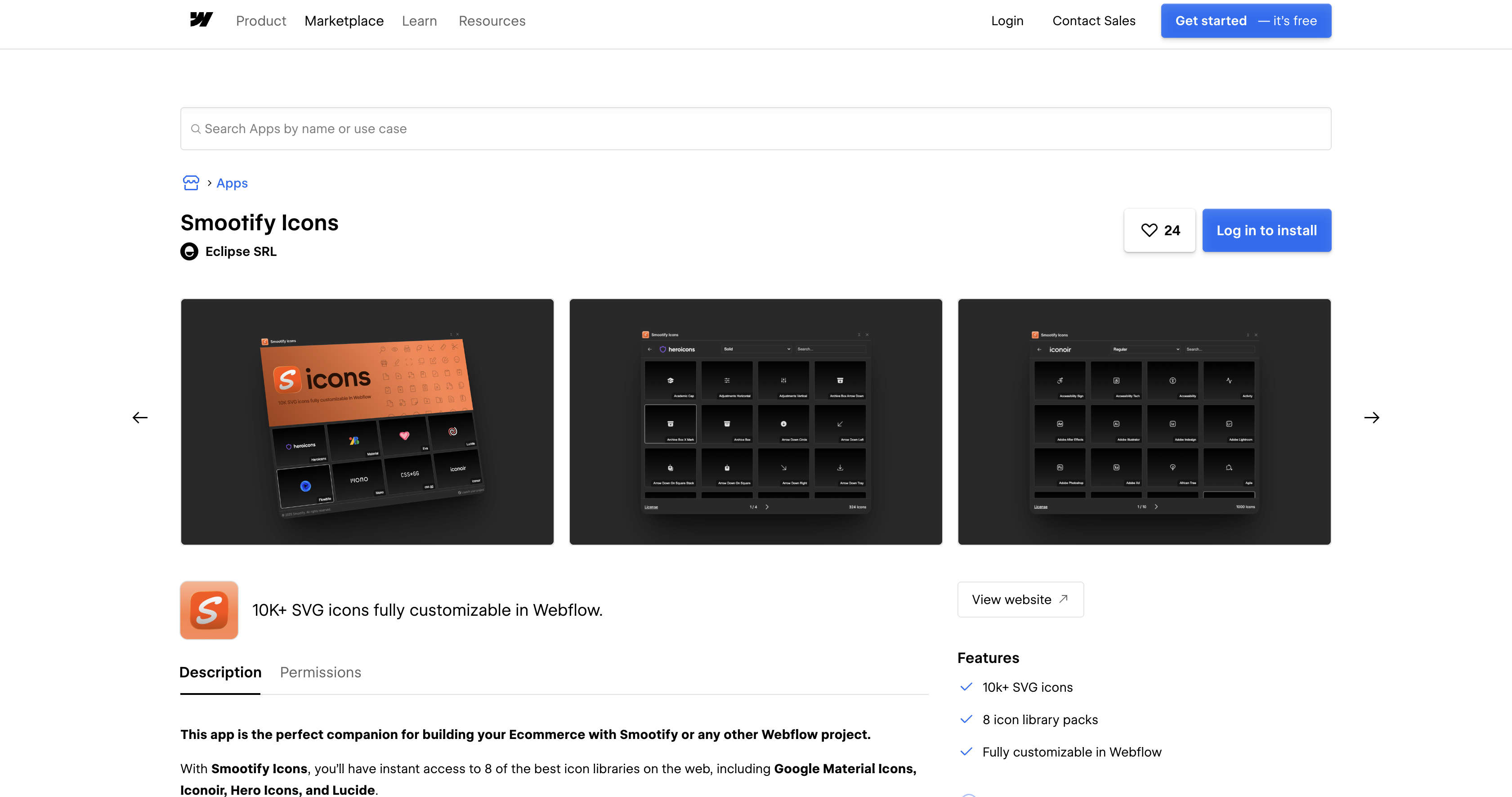 Smootify Icons listing on the Webflow Marketplace