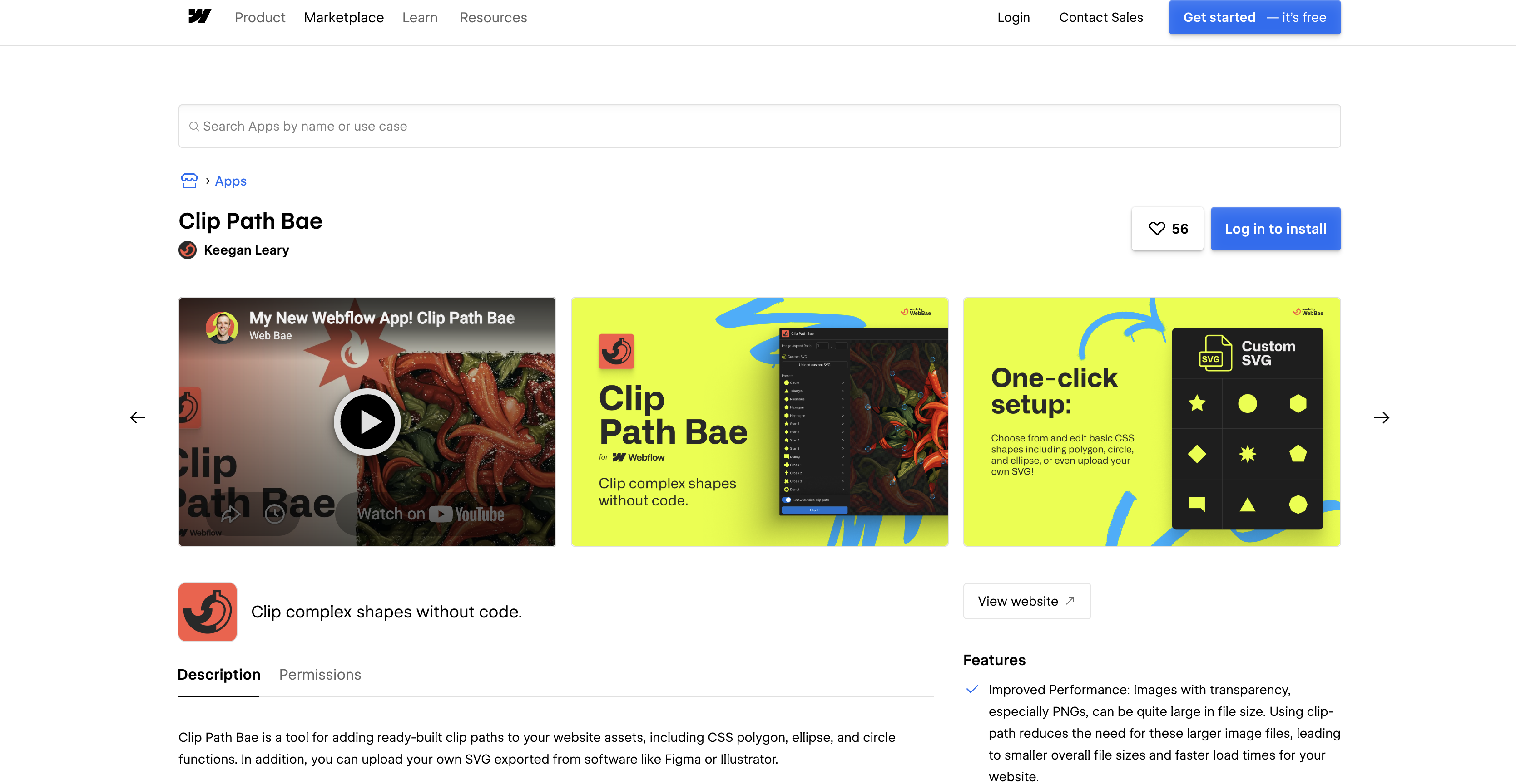 Clip Path Bae listing on the Webflow Marketplace