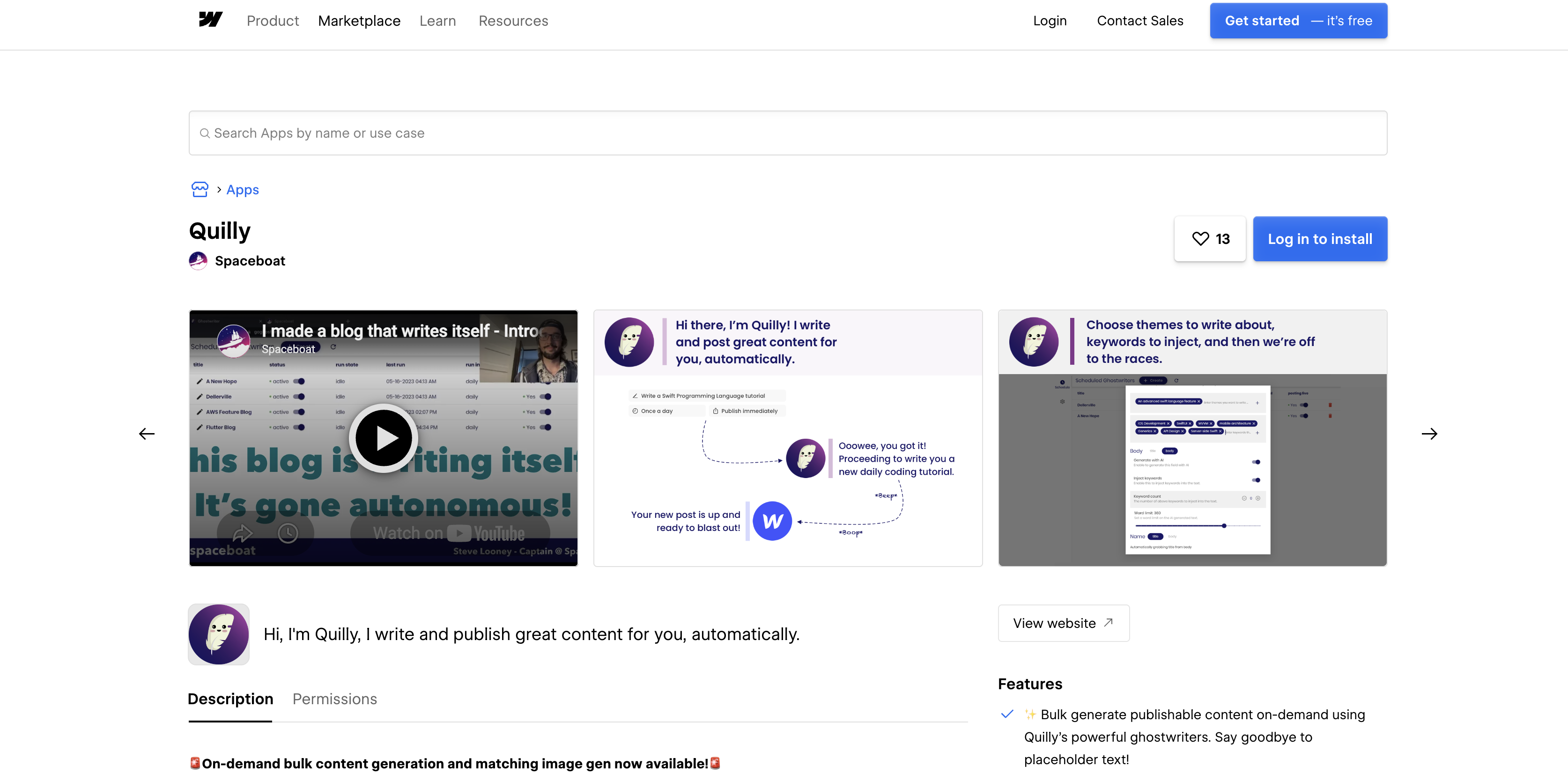 Quilly listing on the Webflow Marketplace, published by Spaceboat, with the Log in to install button