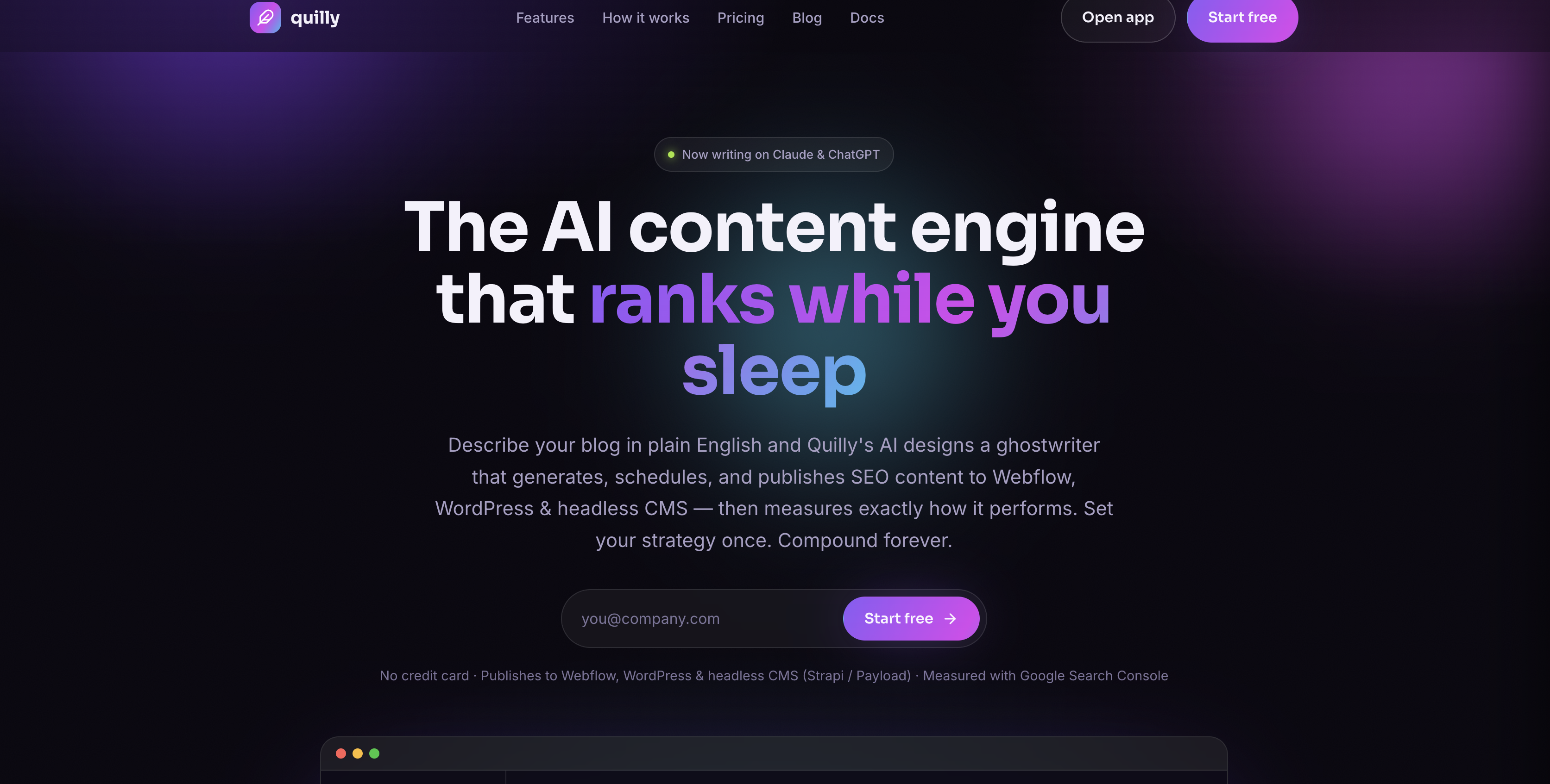 Quilly homepage describing an AI content engine that publishes SEO content to Webflow, WordPress and headless CMS