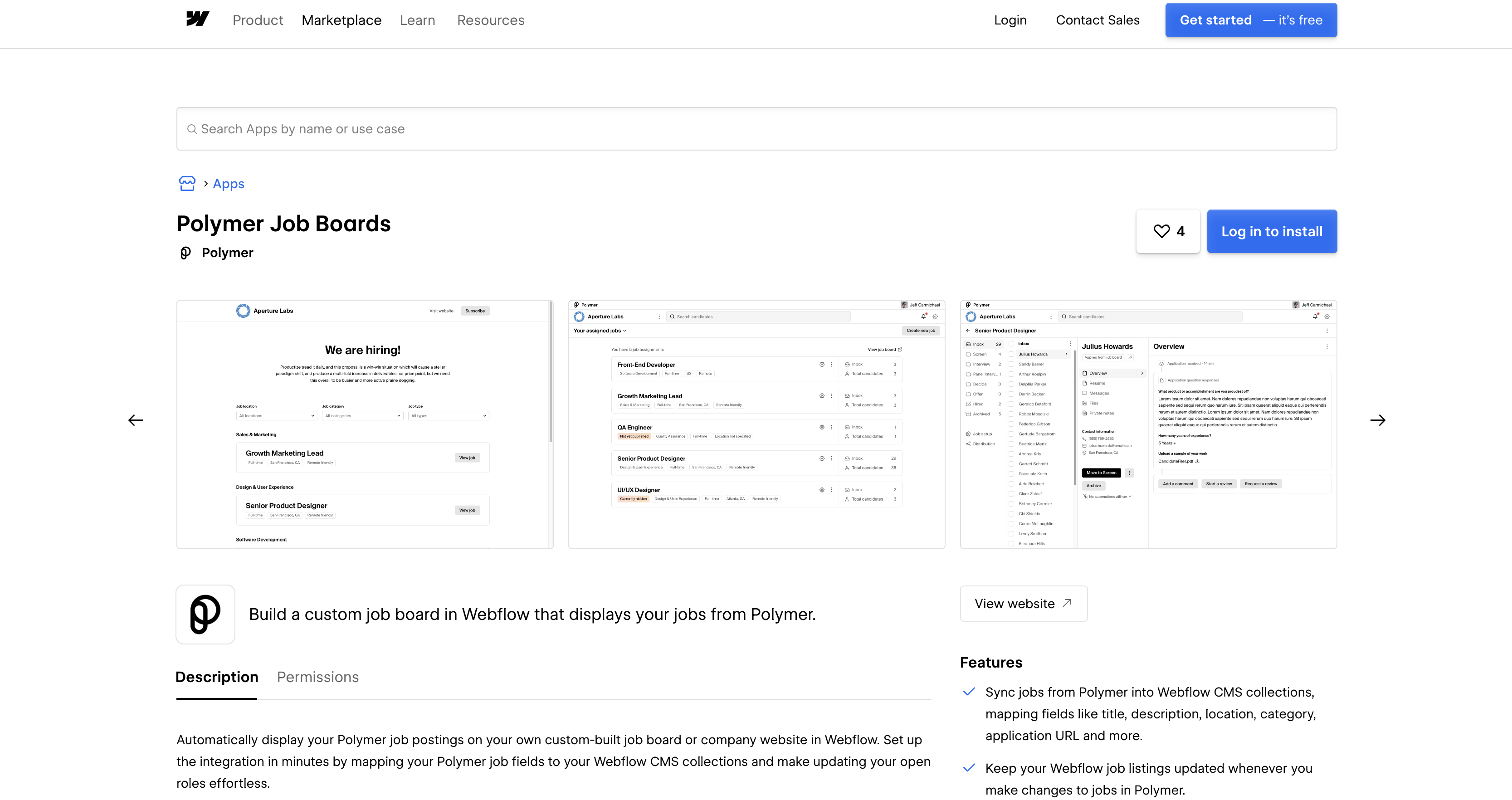 Polymer Job Boards app listing on the Webflow Marketplace