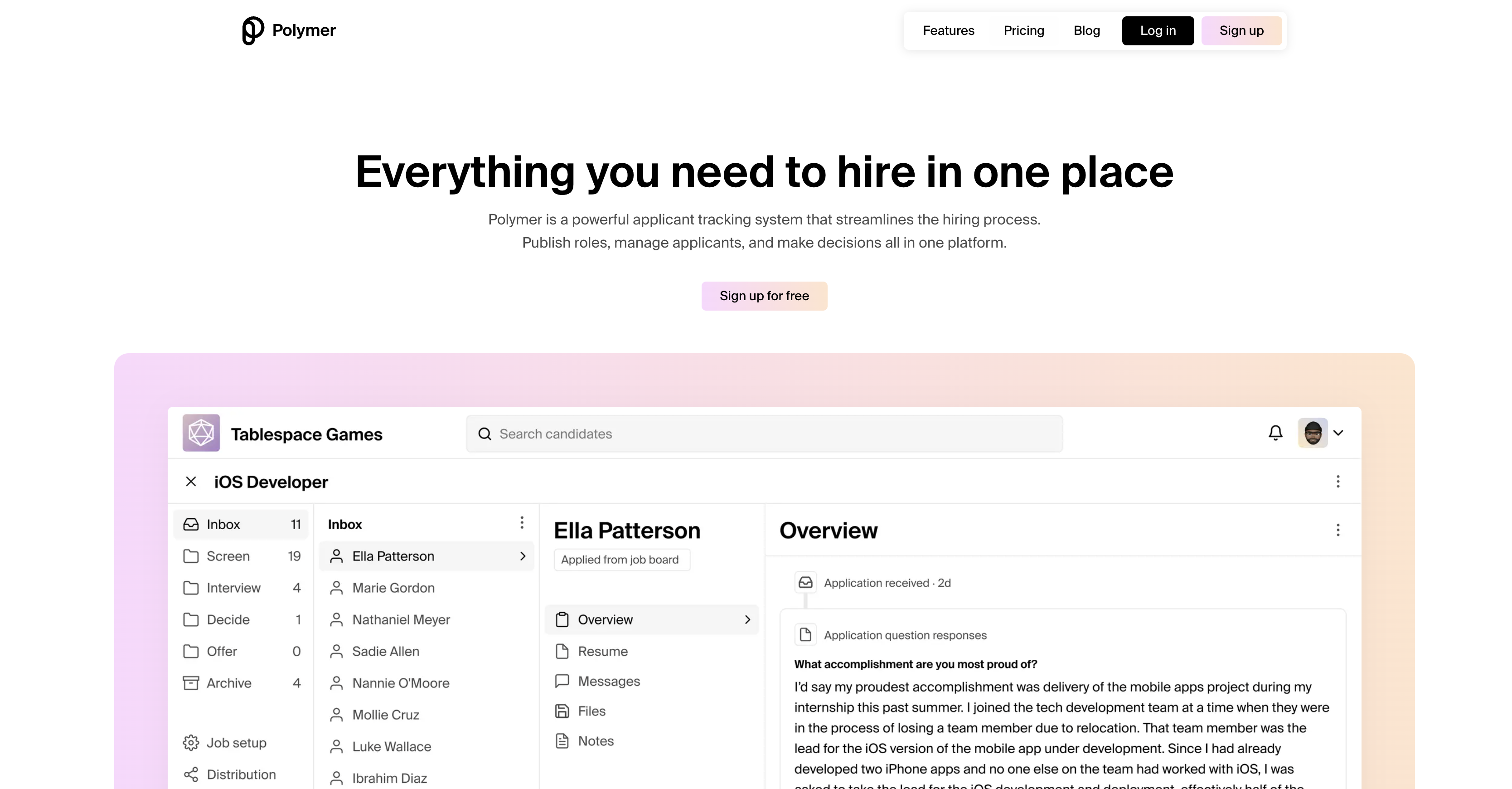 Polymer hiring dashboard showing a job's candidate inbox and hiring stages