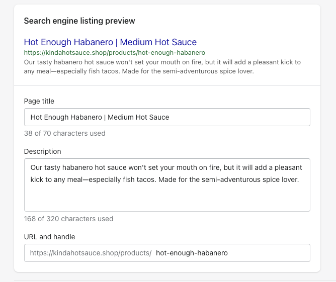 Shopify product search engine listing preview with page title, description, and URL handle