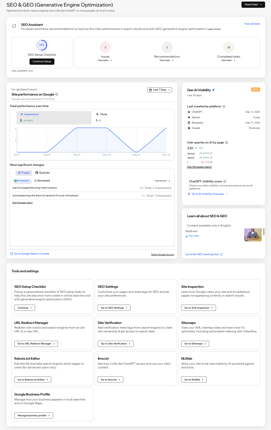 Wix SEO and GEO dashboard with the SEO Assistant, AI visibility, redirect manager, and robots.txt editor
