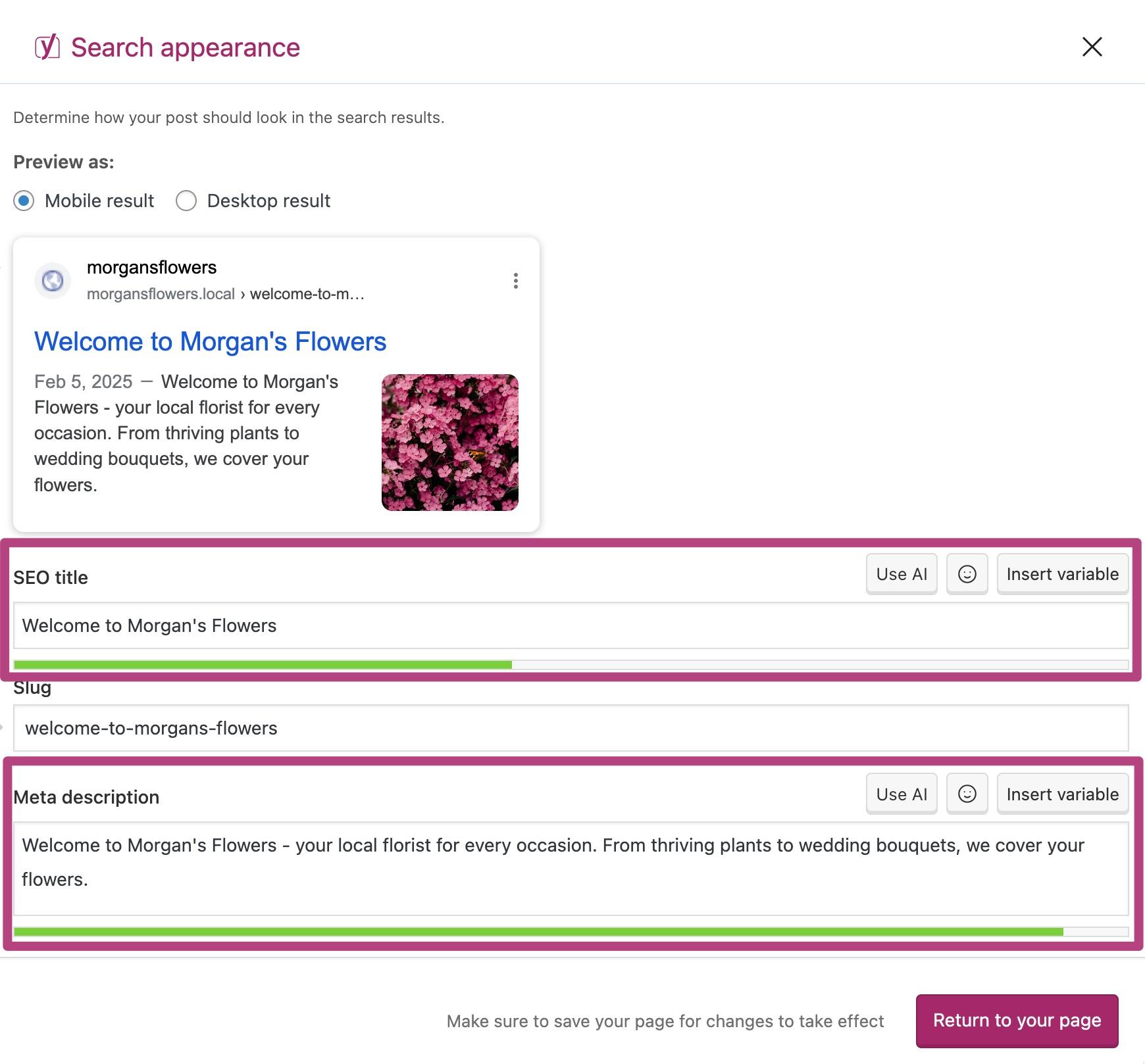 Yoast SEO search appearance settings in WordPress with the SEO title, slug, and meta description fields