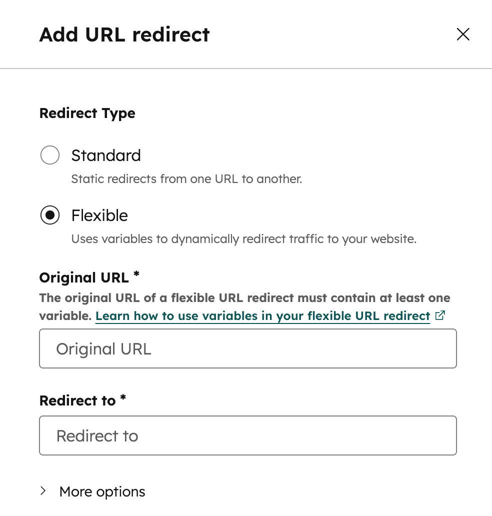 HubSpot URL redirects panel for adding a flexible pattern redirect