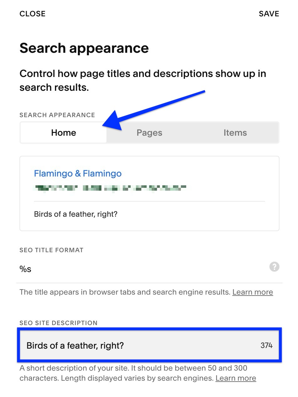 Squarespace Search Appearance panel with the SEO site description and search preview