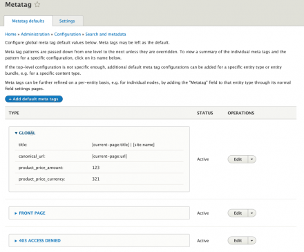 Drupal Metatag module configuration screen