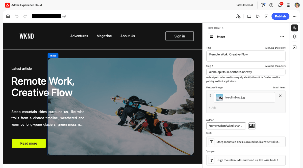 Adobe Experience Manager Universal Editor with a page in the canvas and the properties panel open
