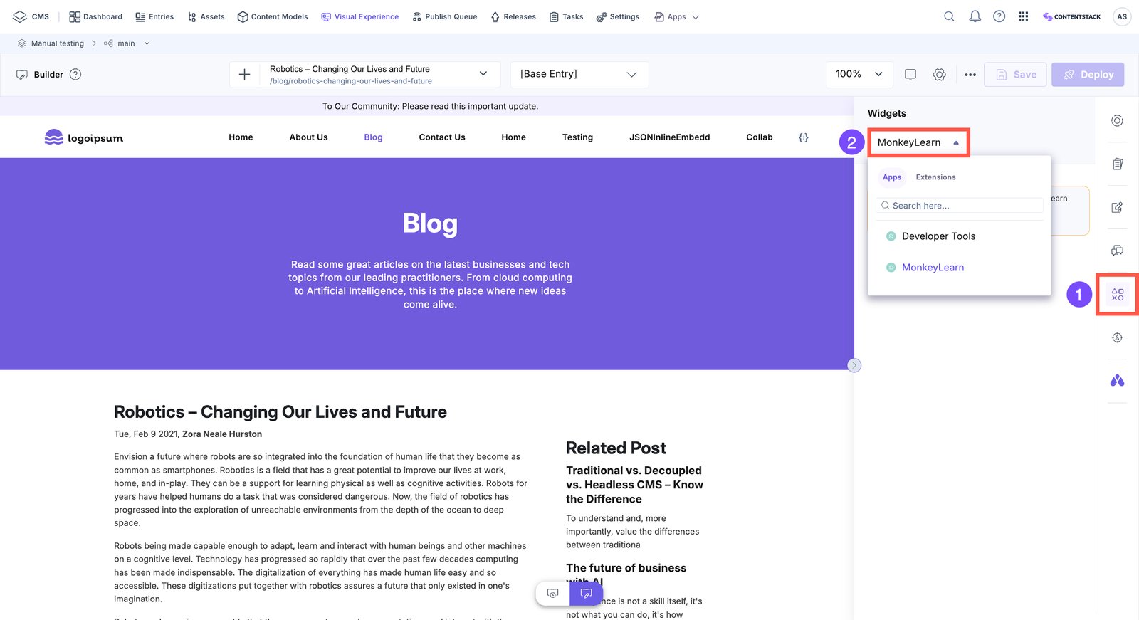 Contentstack Visual Builder with a page on the canvas and the widgets rail