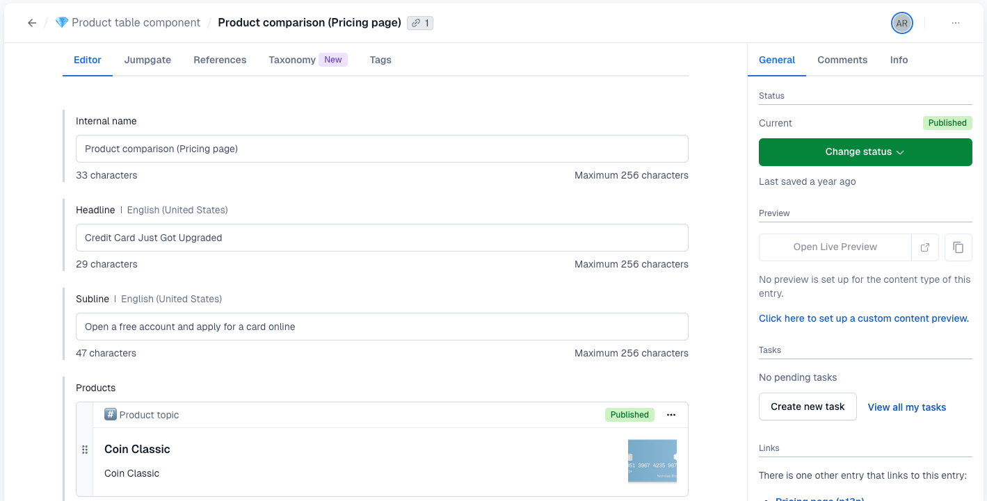 Contentful entry editor with content fields and the publishing status sidebar