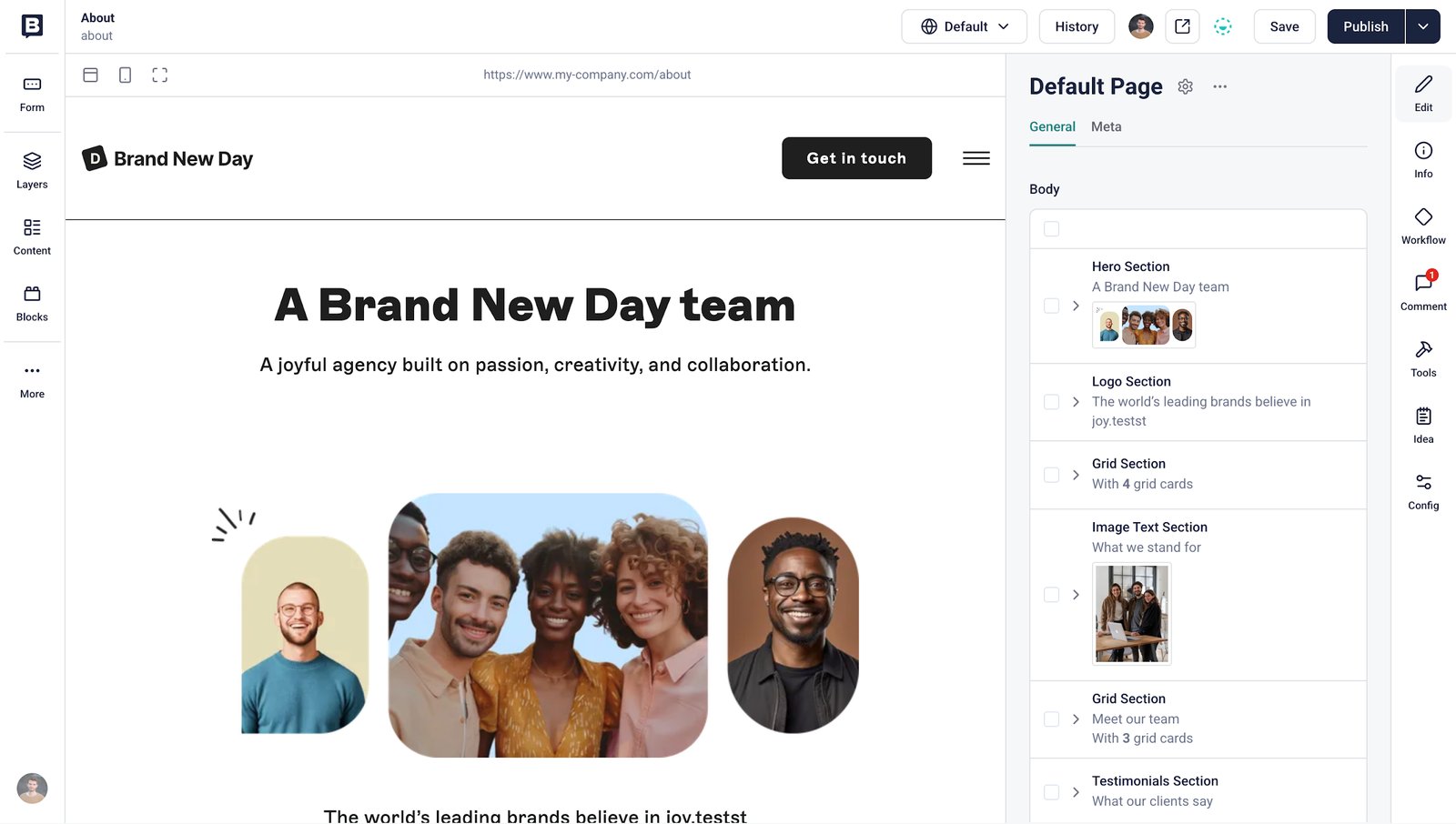 Storyblok Visual Editor with the page preview and the block editing sidebar