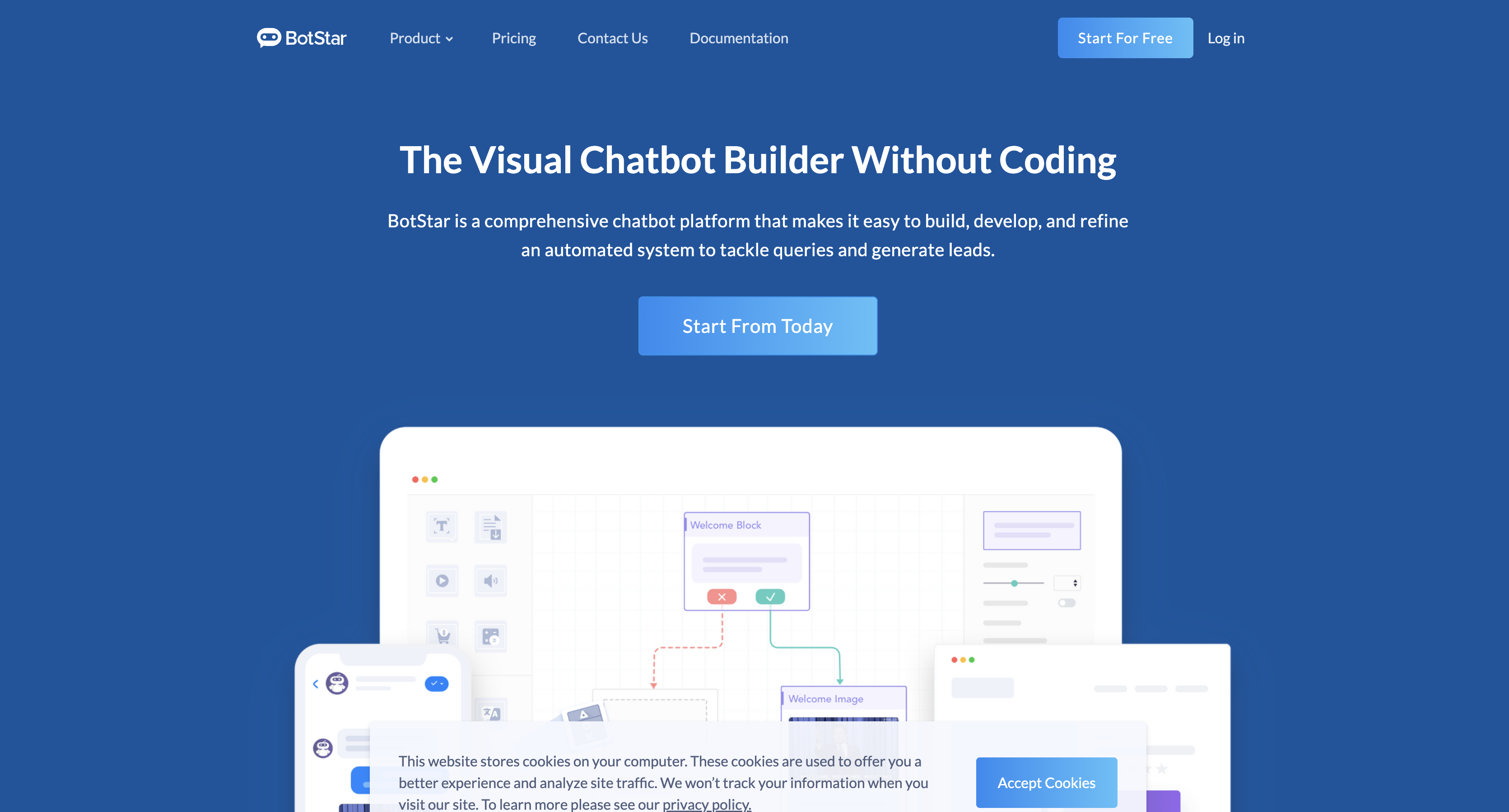 BotStar homepage showing its visual chatbot builder
