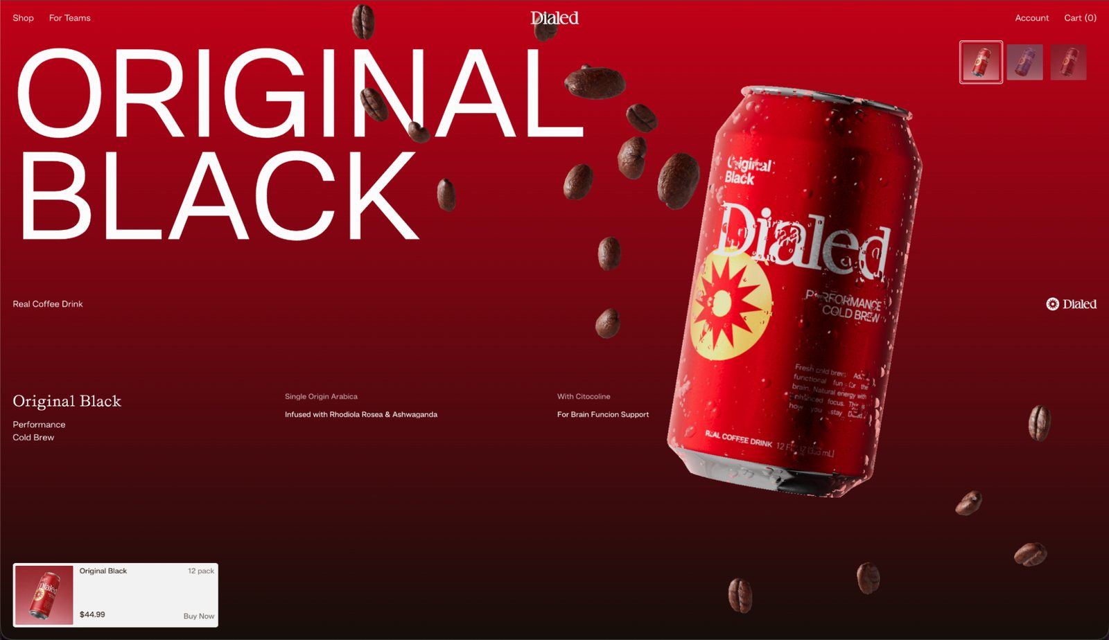 Dialed homepage carousel featuring the Original Black can with floating coffee beans