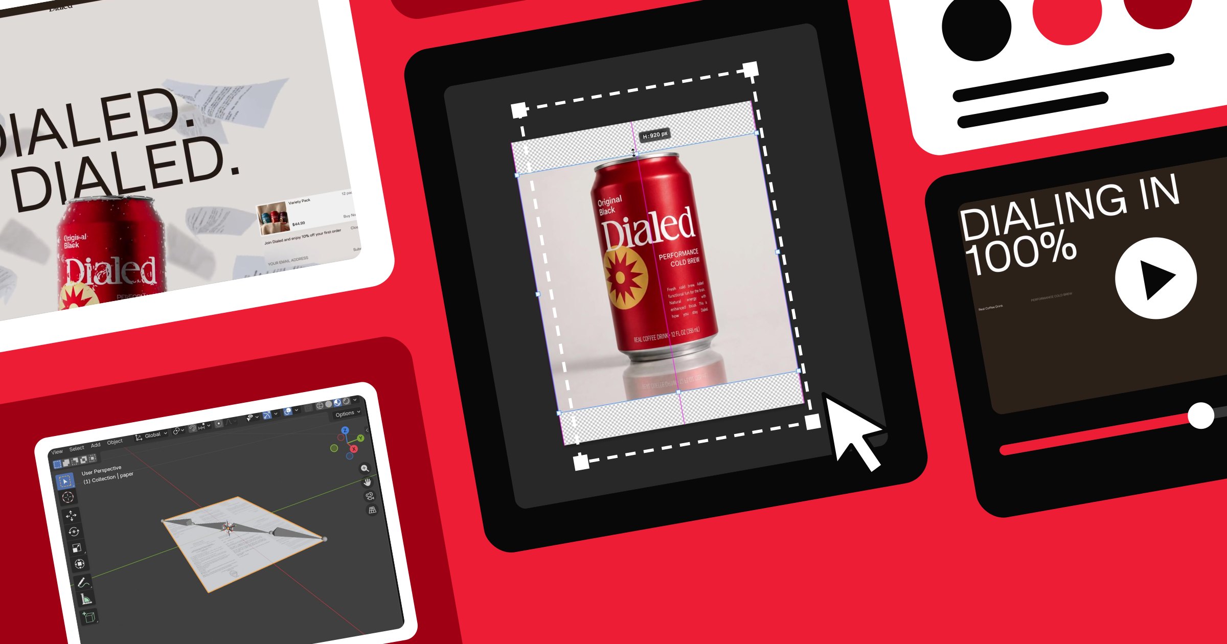 Collage of the Dialed build: the can being resized in Photoshop, the Get dialed hero, the paper rig, and the Dialing in 100% preloader