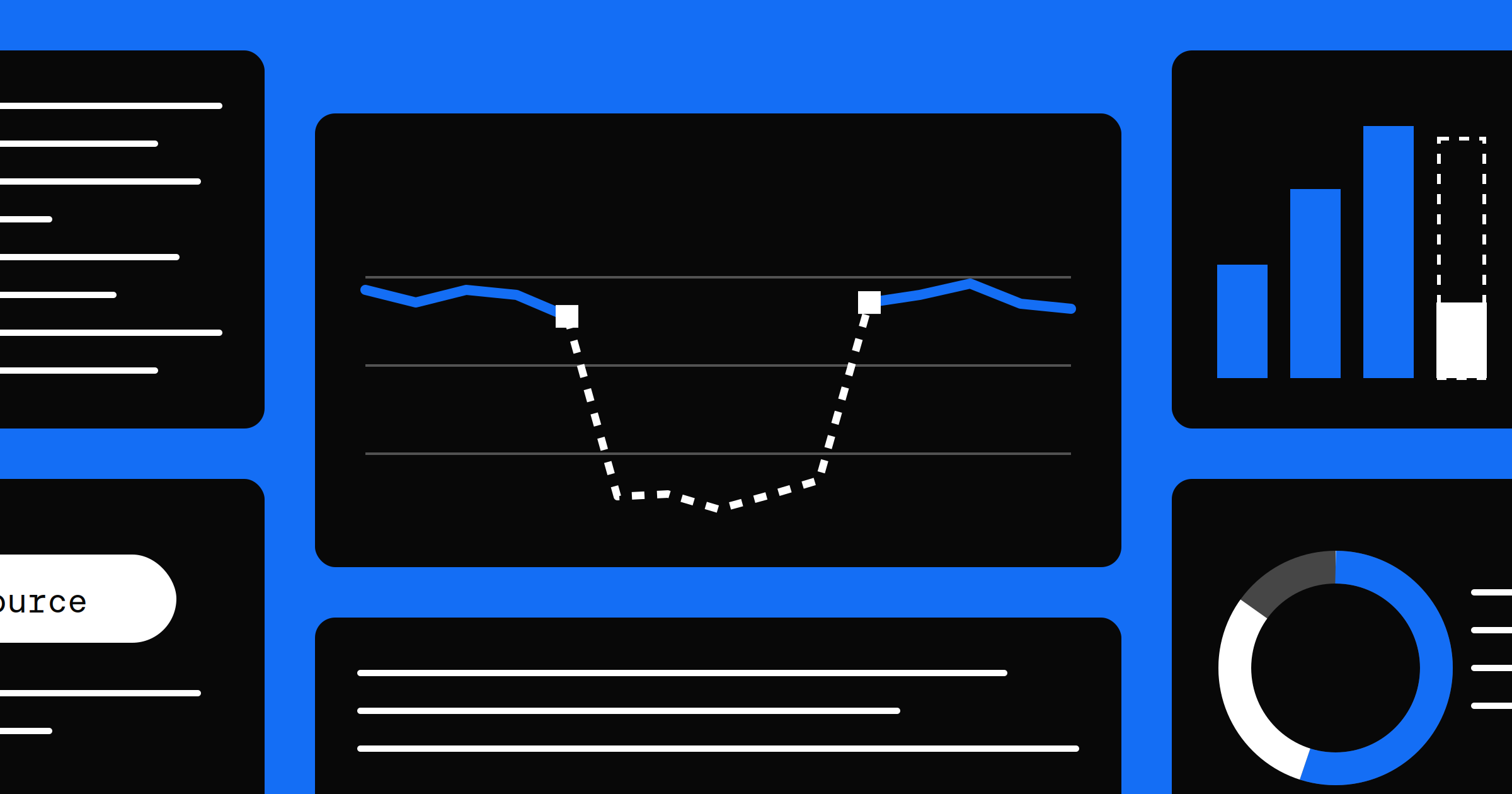 Illustration of analytics cards on a blue background, with a line chart that drops for a week and recovers