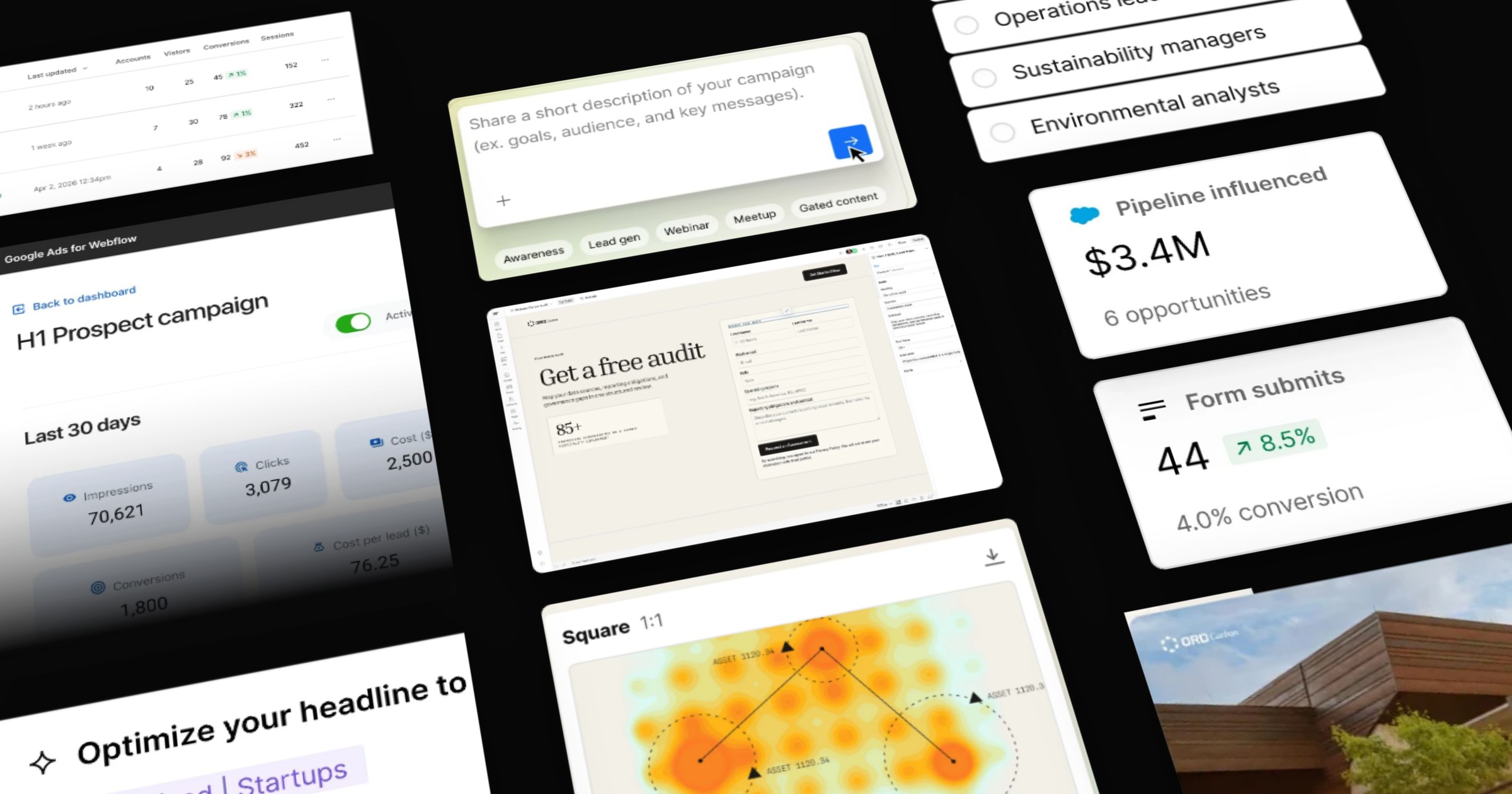 Tilted Webflow Campaigns screens showing paid search variants, an event lead page and ads, and ABM audiences and pipeline