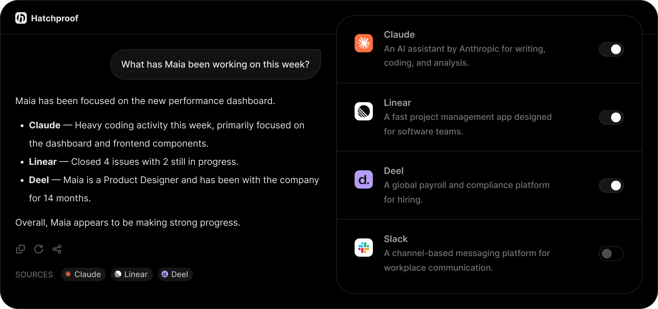 Hatchproof answering what someone worked on this week, sourced from connected tools