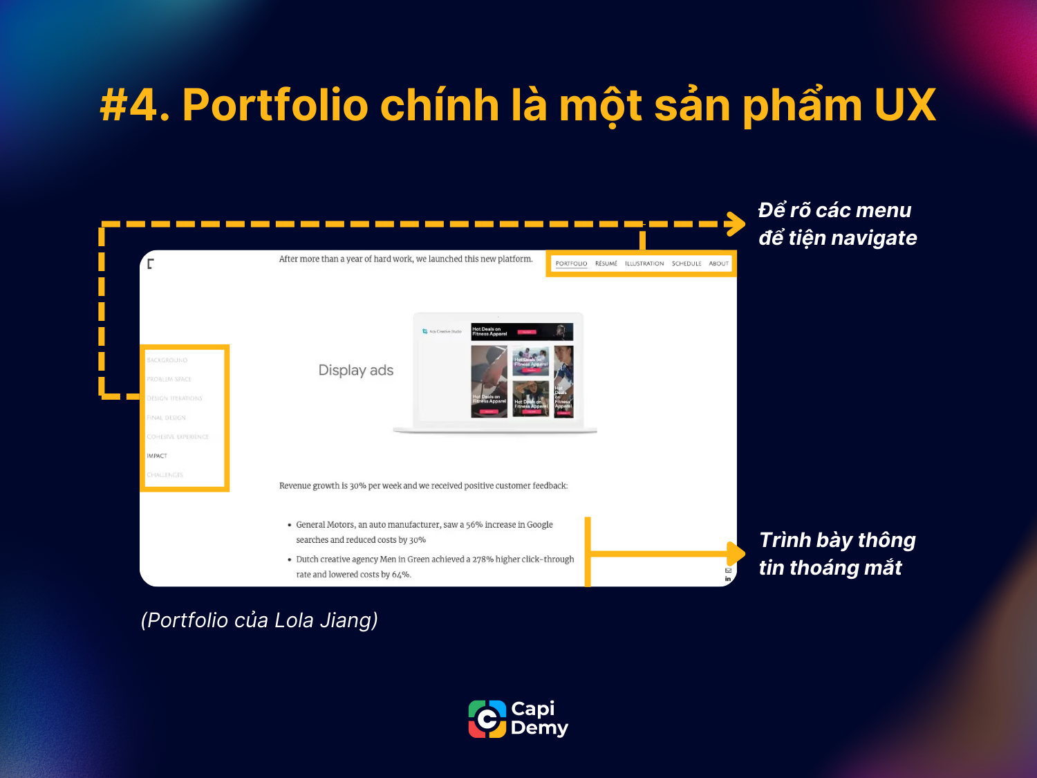 Nội dung portfolio cần được trình bày rõ ràng, thông thoáng đảm bảo người đọc có trải nghiệm mượt mà.