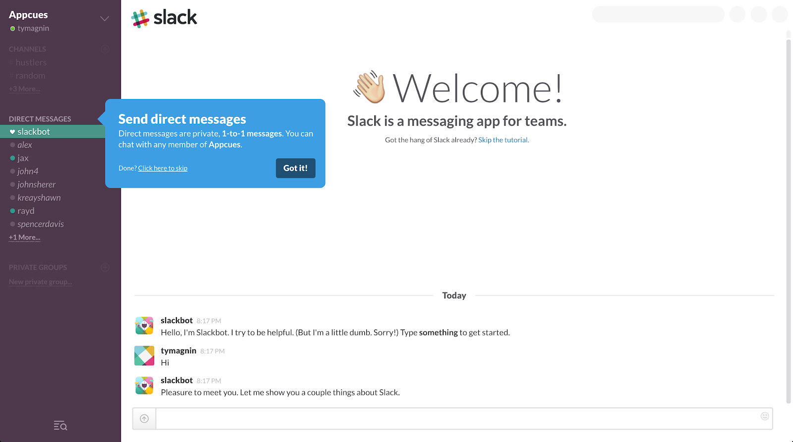 Slack's new user onboarding