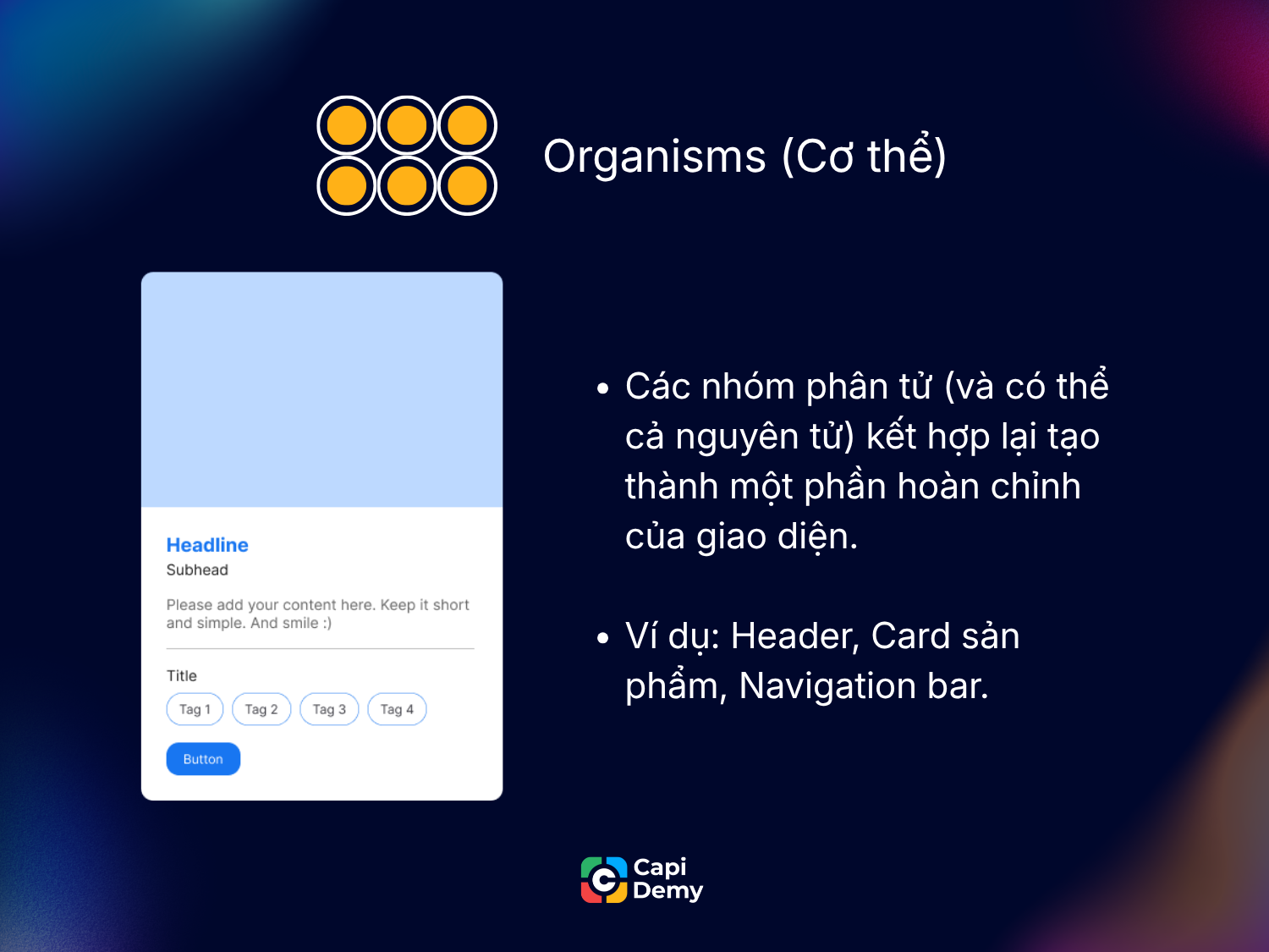 Organisms bao gồm sự kết hợp các Atoms và Molecules trong Atomic Design để tạo thành 1 phần giao diện hoàn chỉnh
