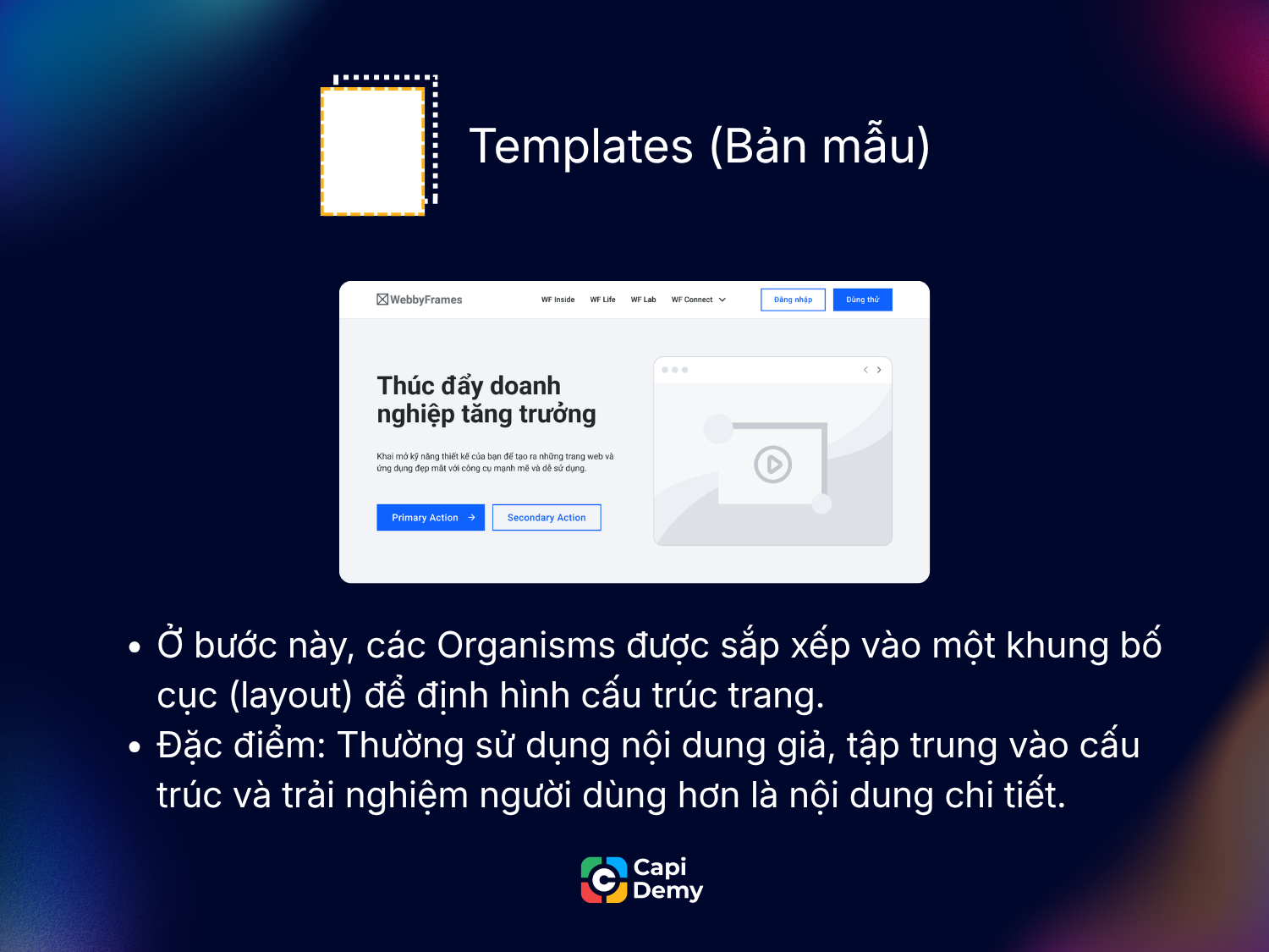 Các Organisms được sắp xếp thành cấu trúc trang, tạo thành Templates trong Atomic Design. Các nội dung trong Templates thường là nội dung mẫu, không có thật.